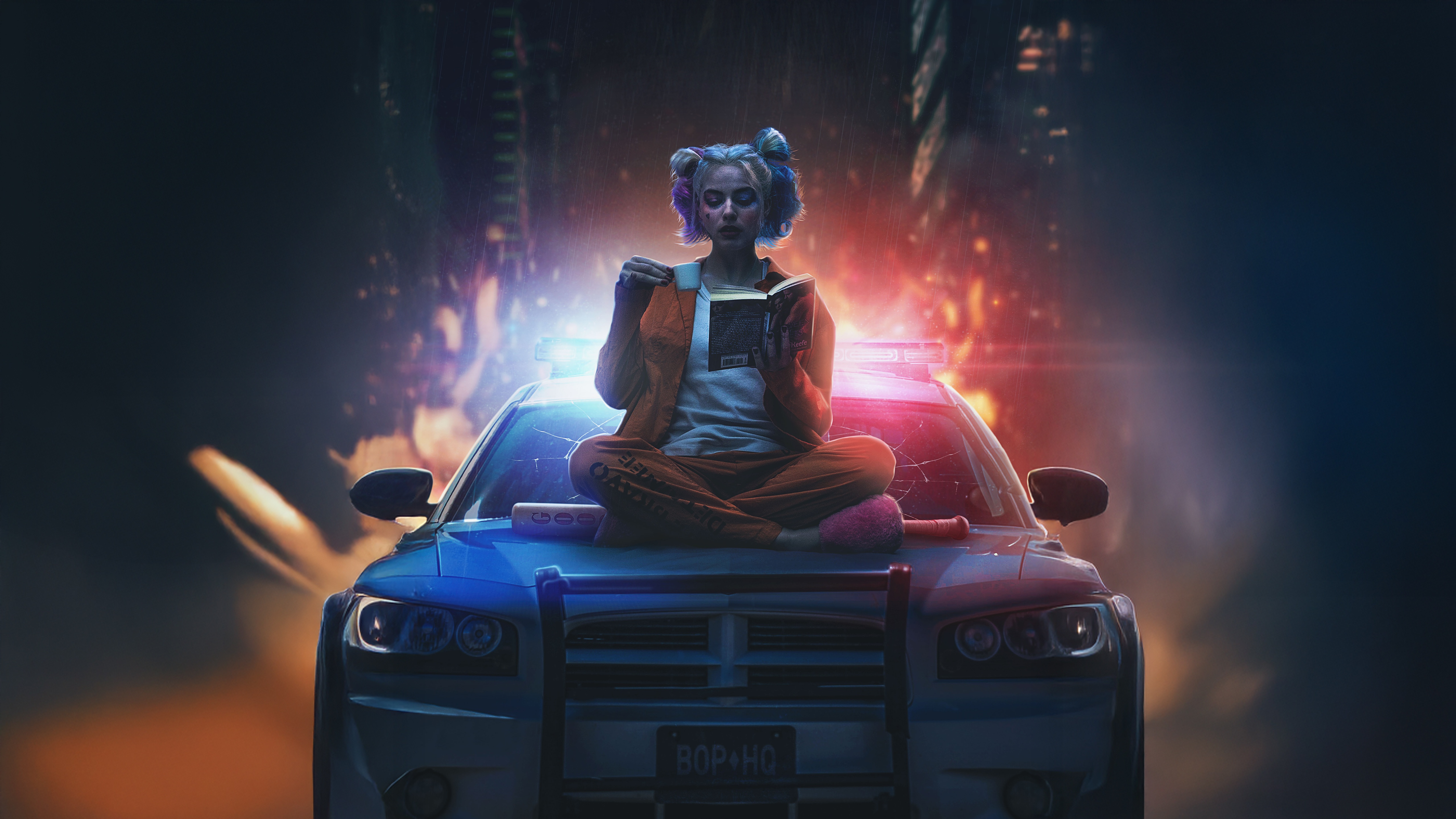 Harley Quinn Sitting on Police Car Reading HD Wallpaper