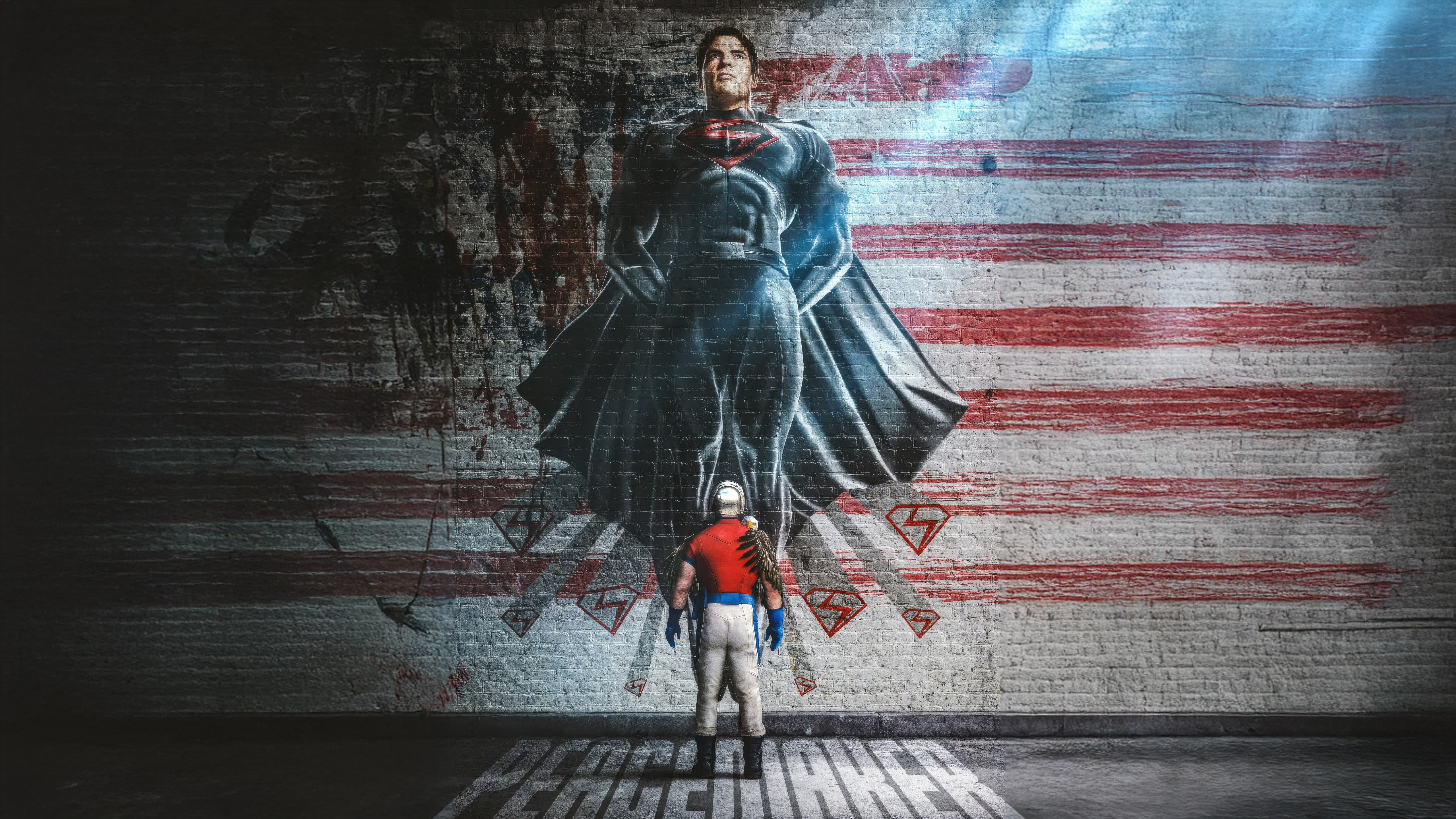 Peacemaker watches a Superman mural on a brick wall HD Wallpaper