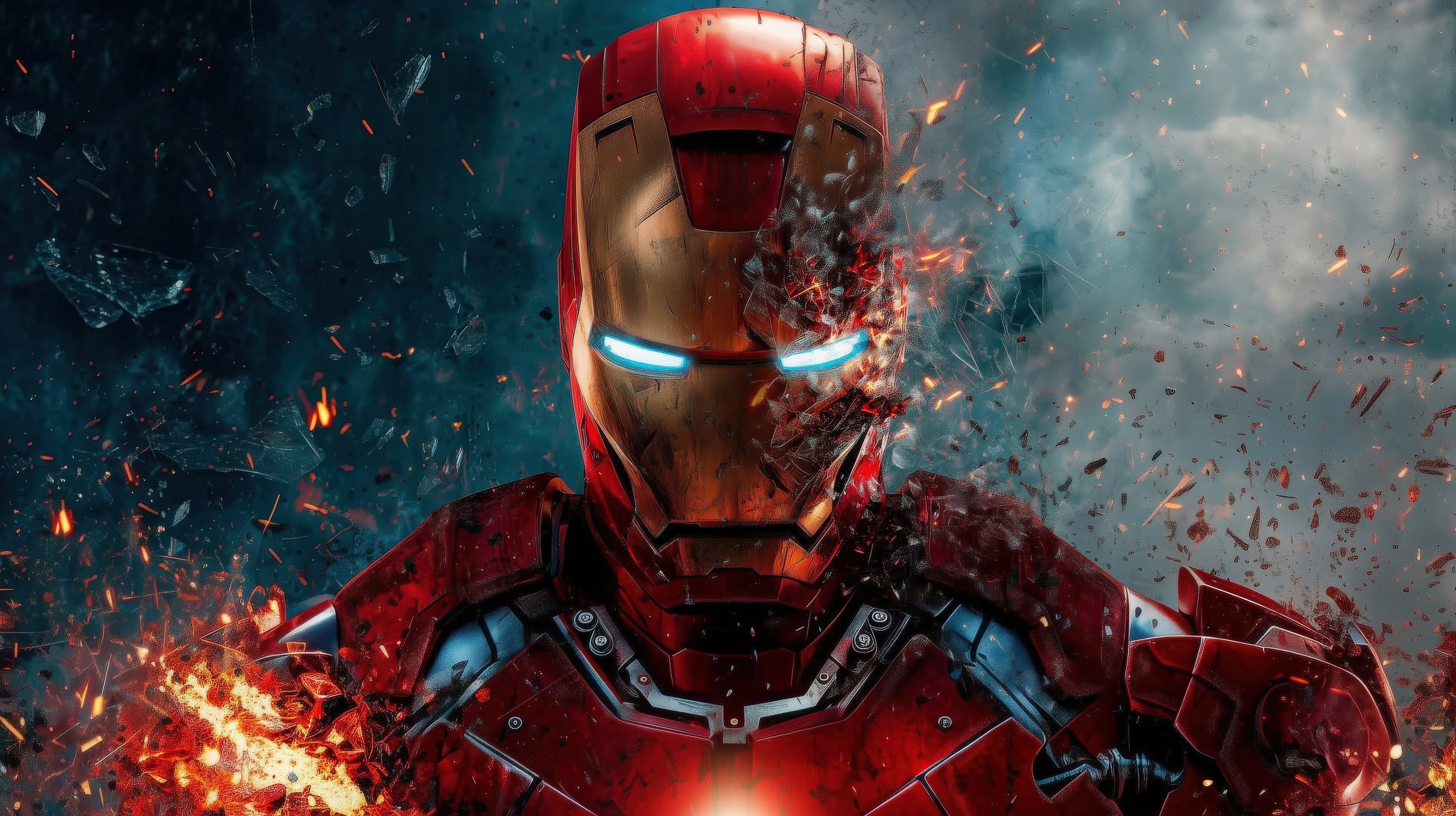 Iron Man suit exploding with debris and fire HD Wallpaper
