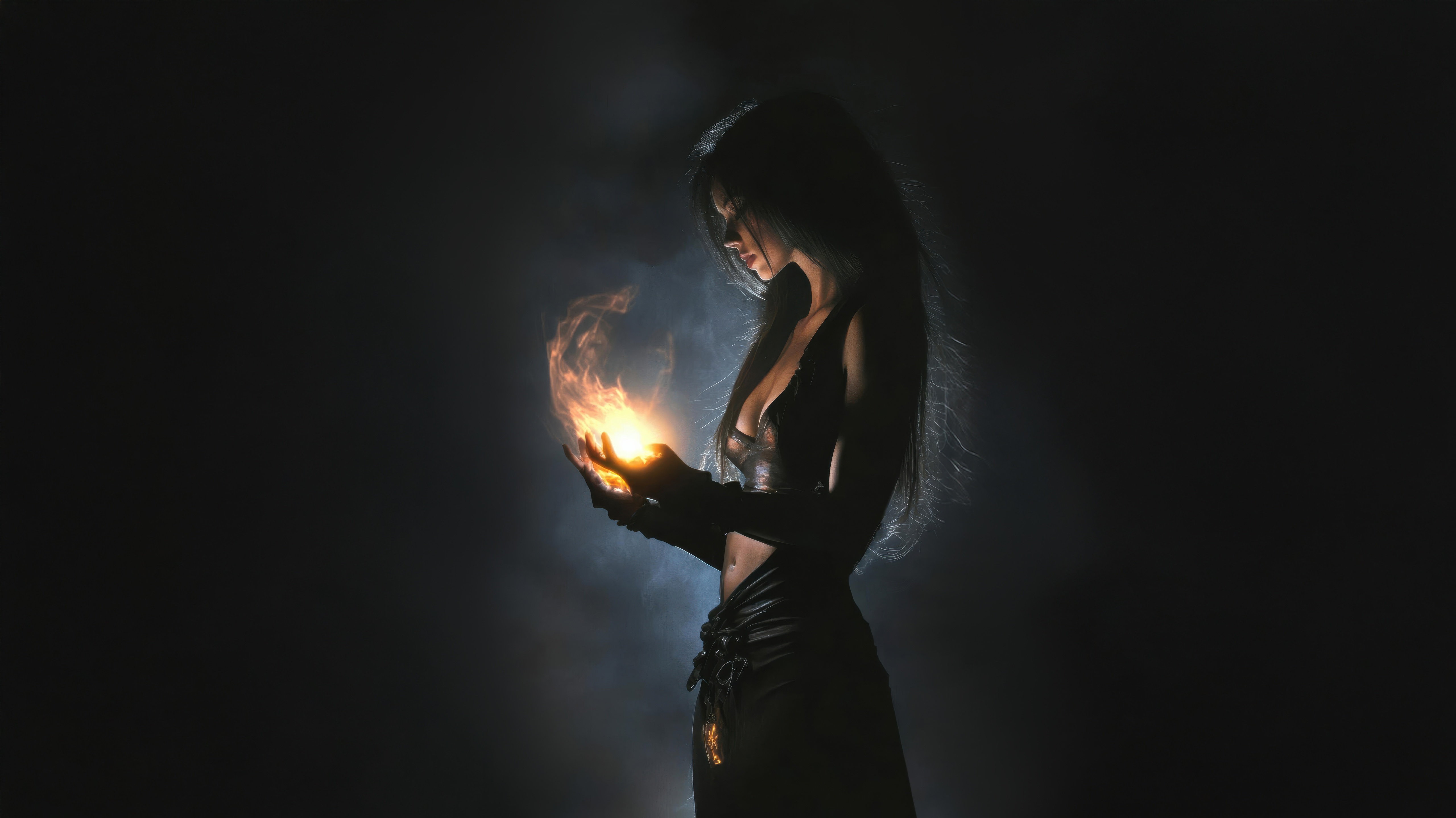 Dark Sorceress Conjuring Fire Magic HD Wallpaper