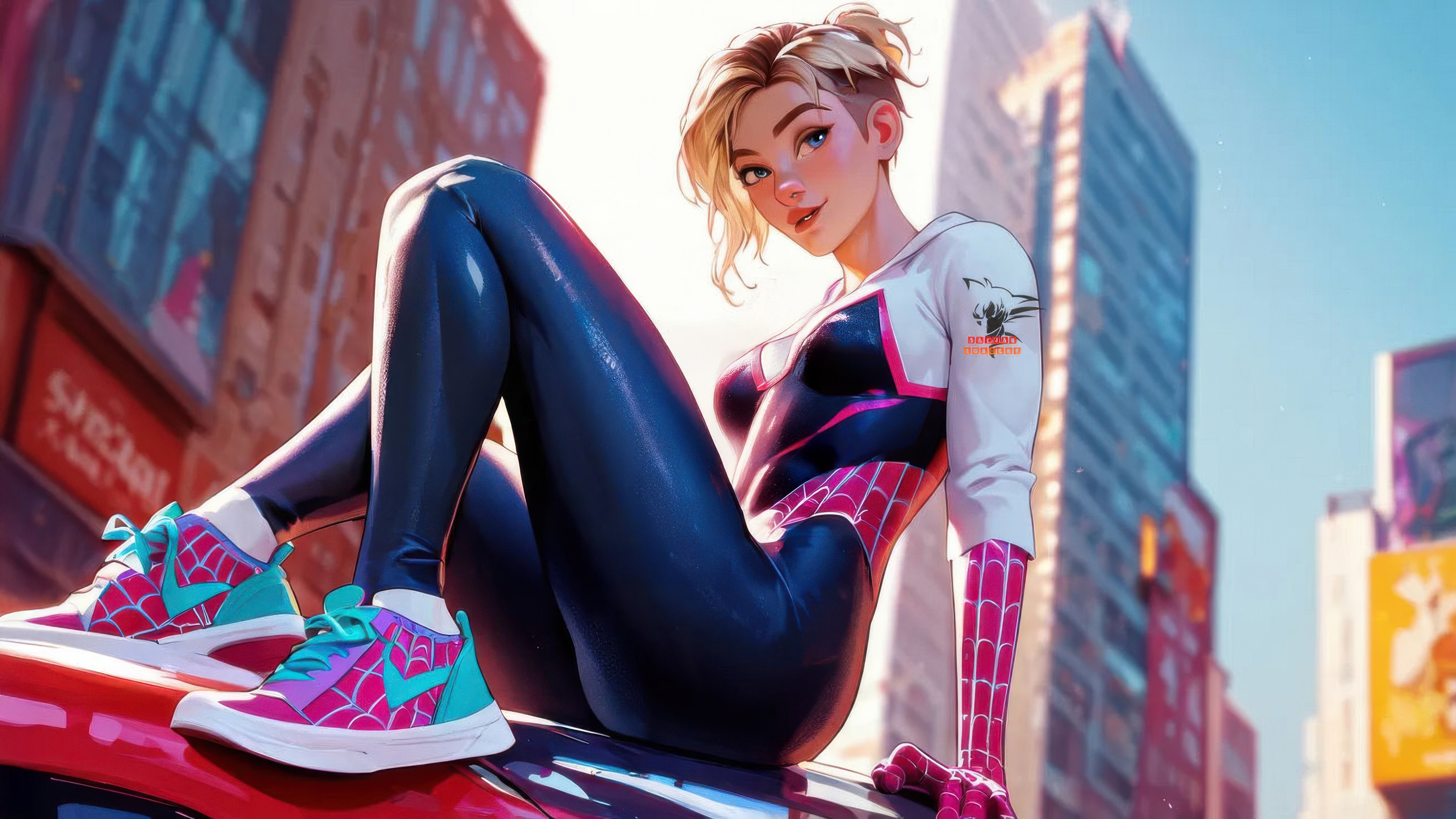 Ghost Spider Gwen Stacy Sitting on a Car HD Wallpaper