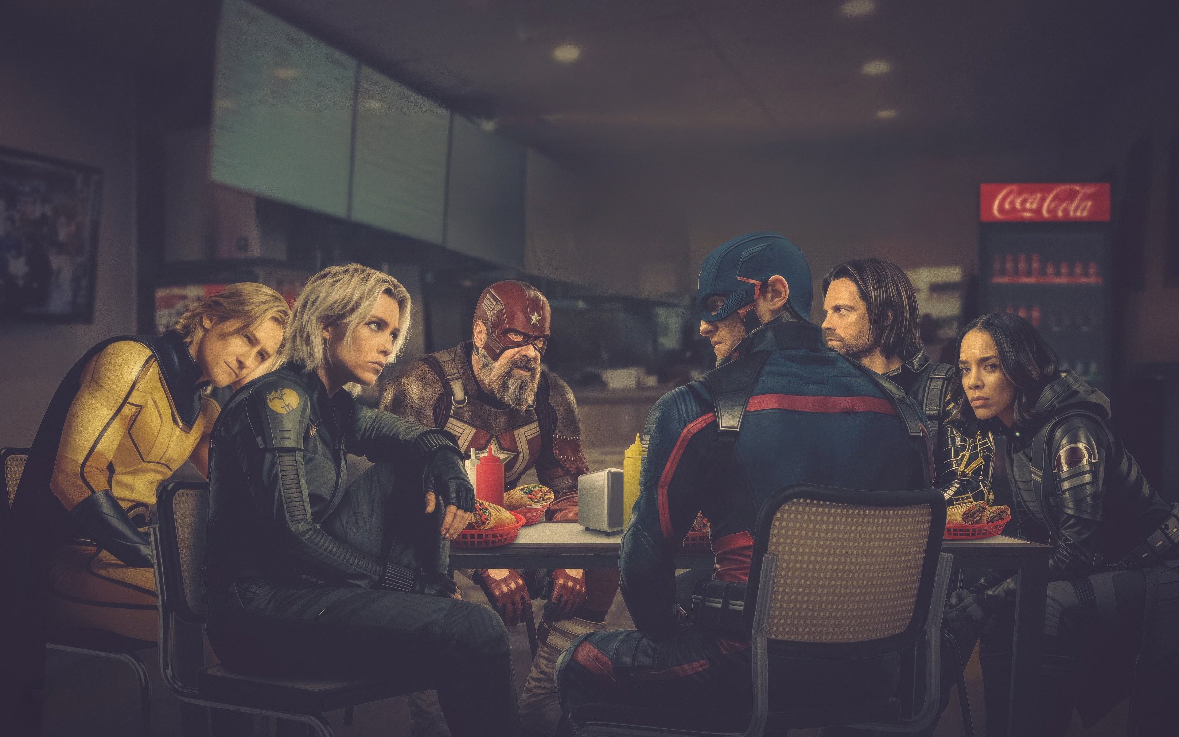 Thunderbolts characters dining at a diner HD Wallpaper