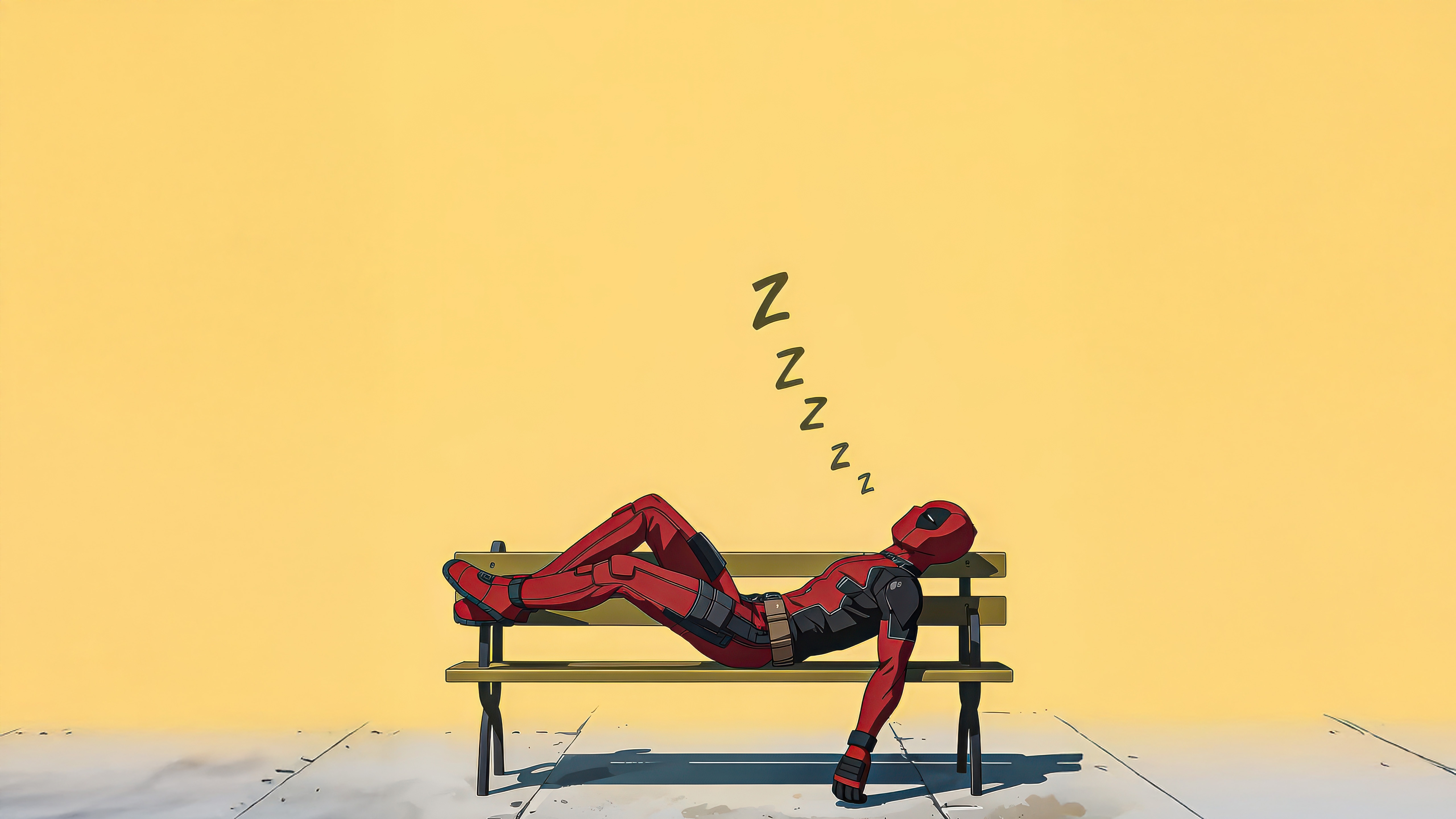 Deadpool sleeping on a bench HD Wallpaper