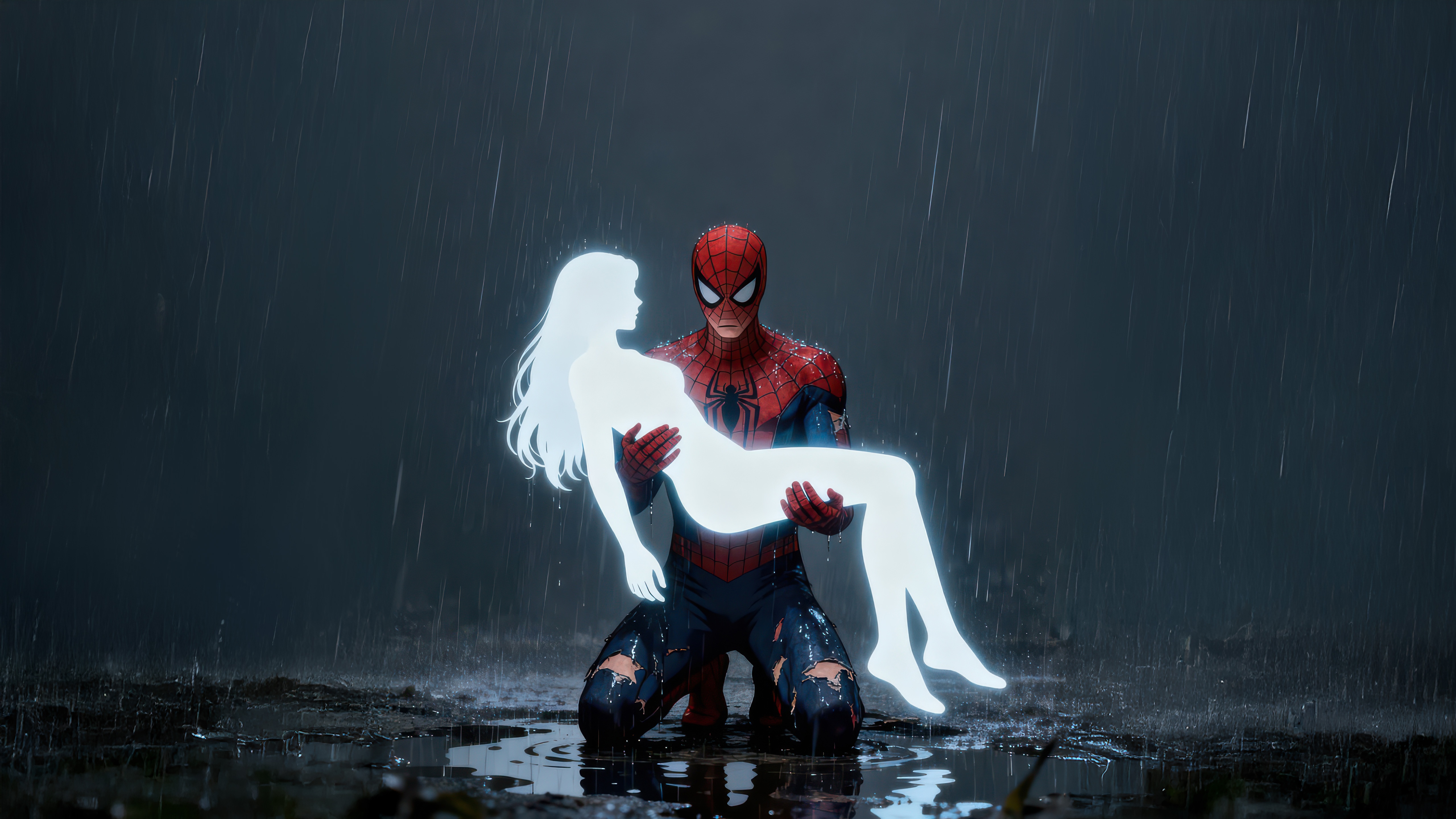 Spider-Man holding a glowing woman in the rain HD Wallpaper