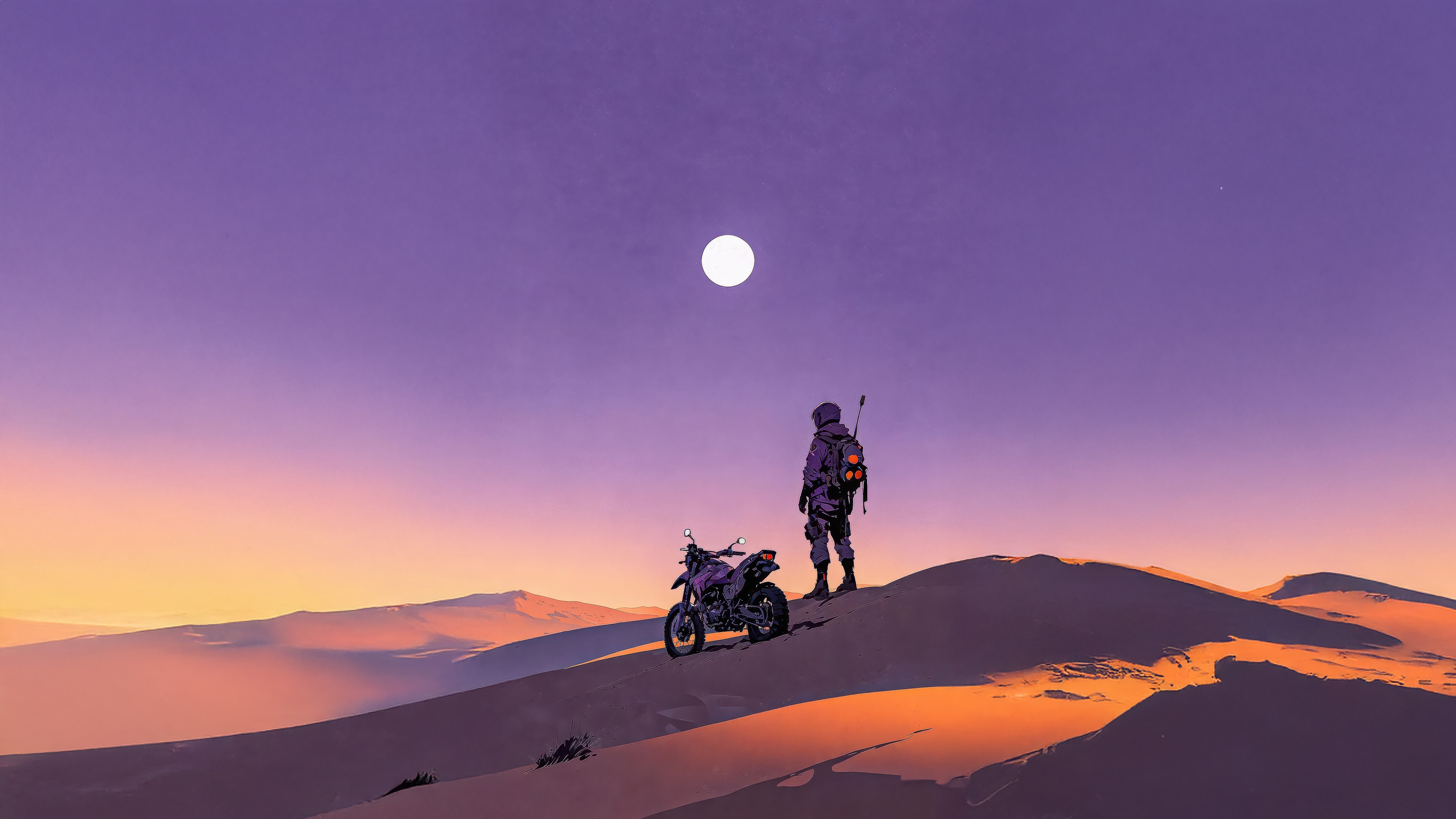 Desert Wanderer with Motorcycle Under Twilight Moon HD Wallpaper