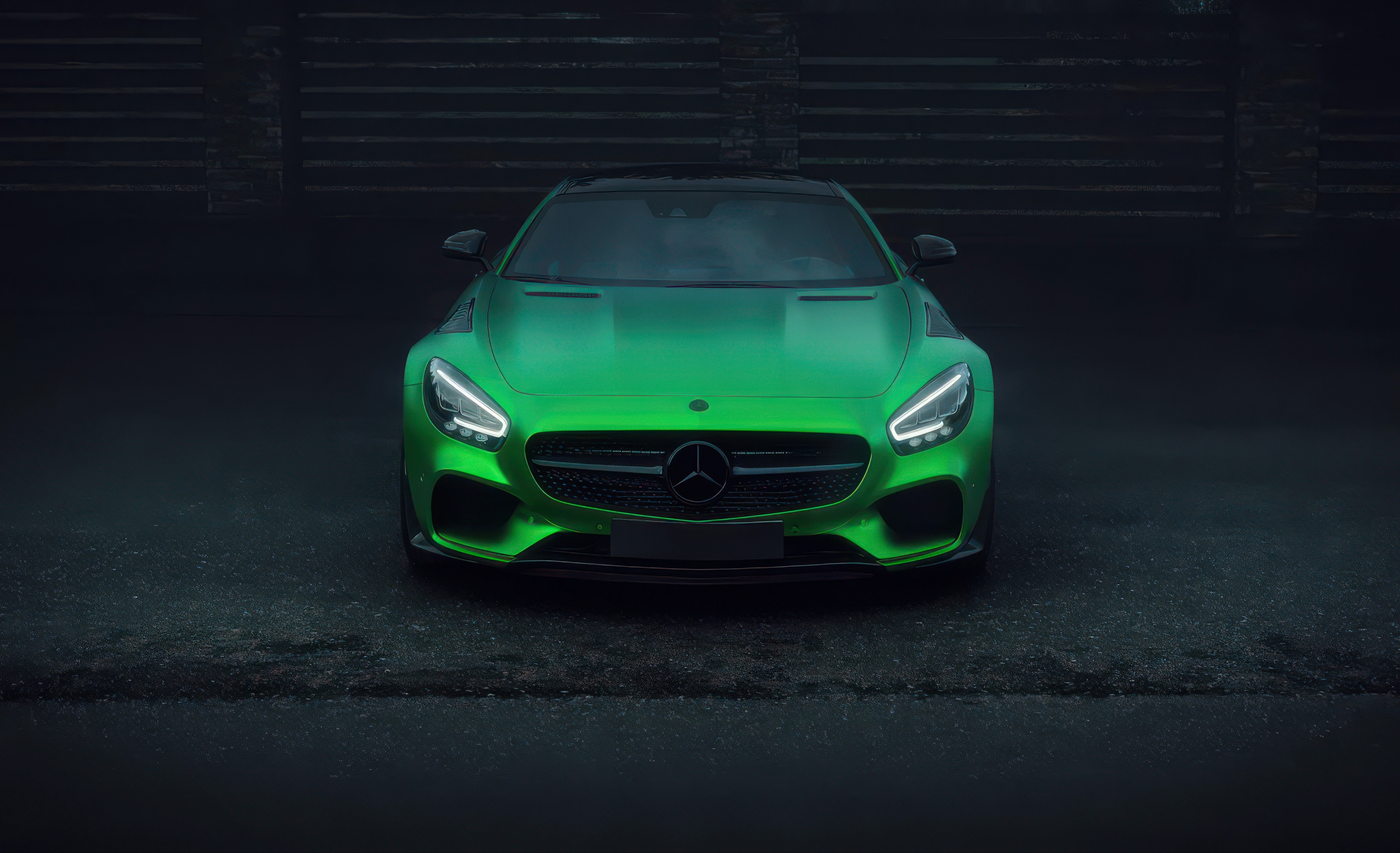 Green Mercedes-AMG GT R parked on wet asphalt HD Wallpaper