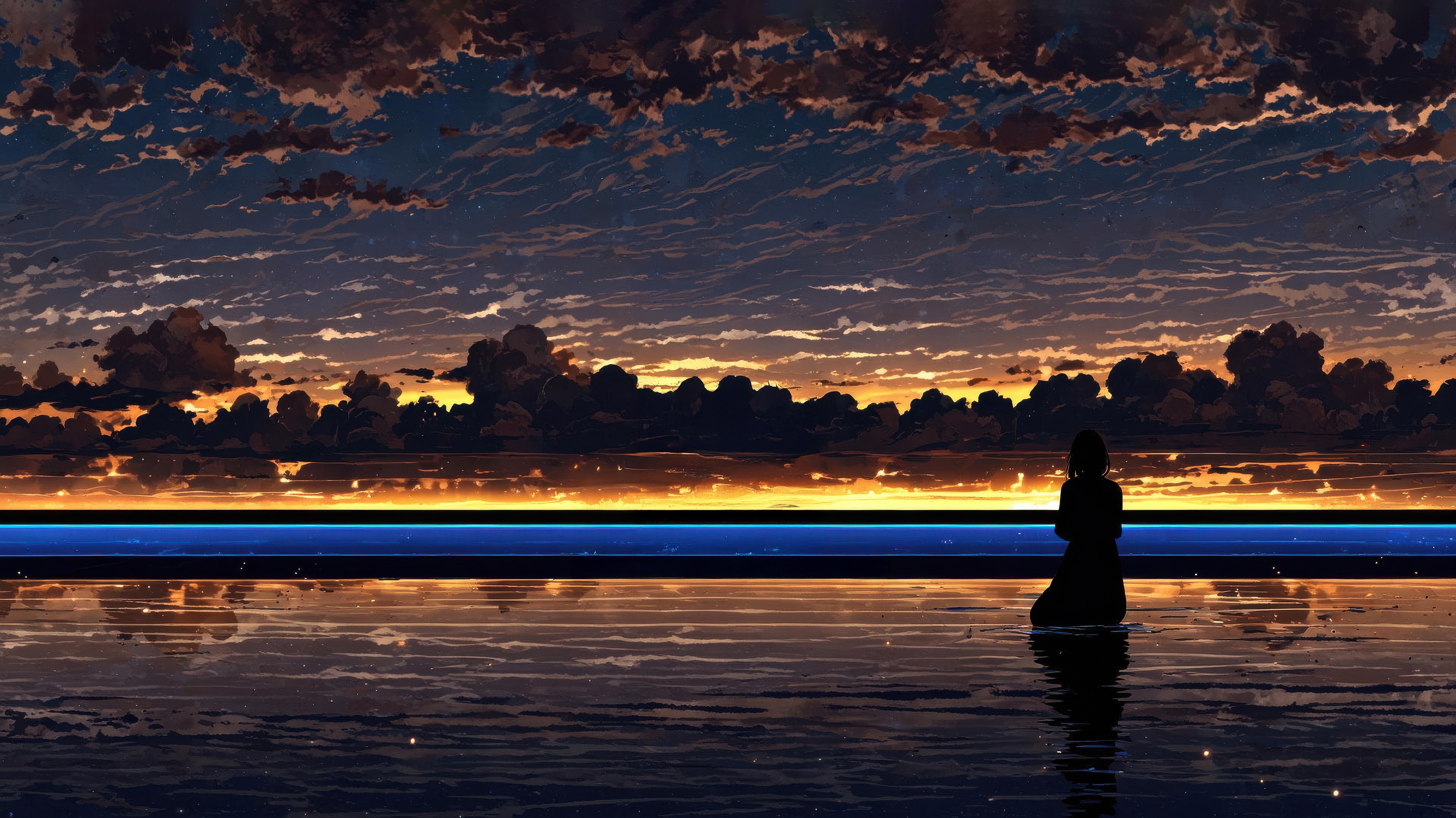 Anime girl alone by the water at twilight HD Wallpaper