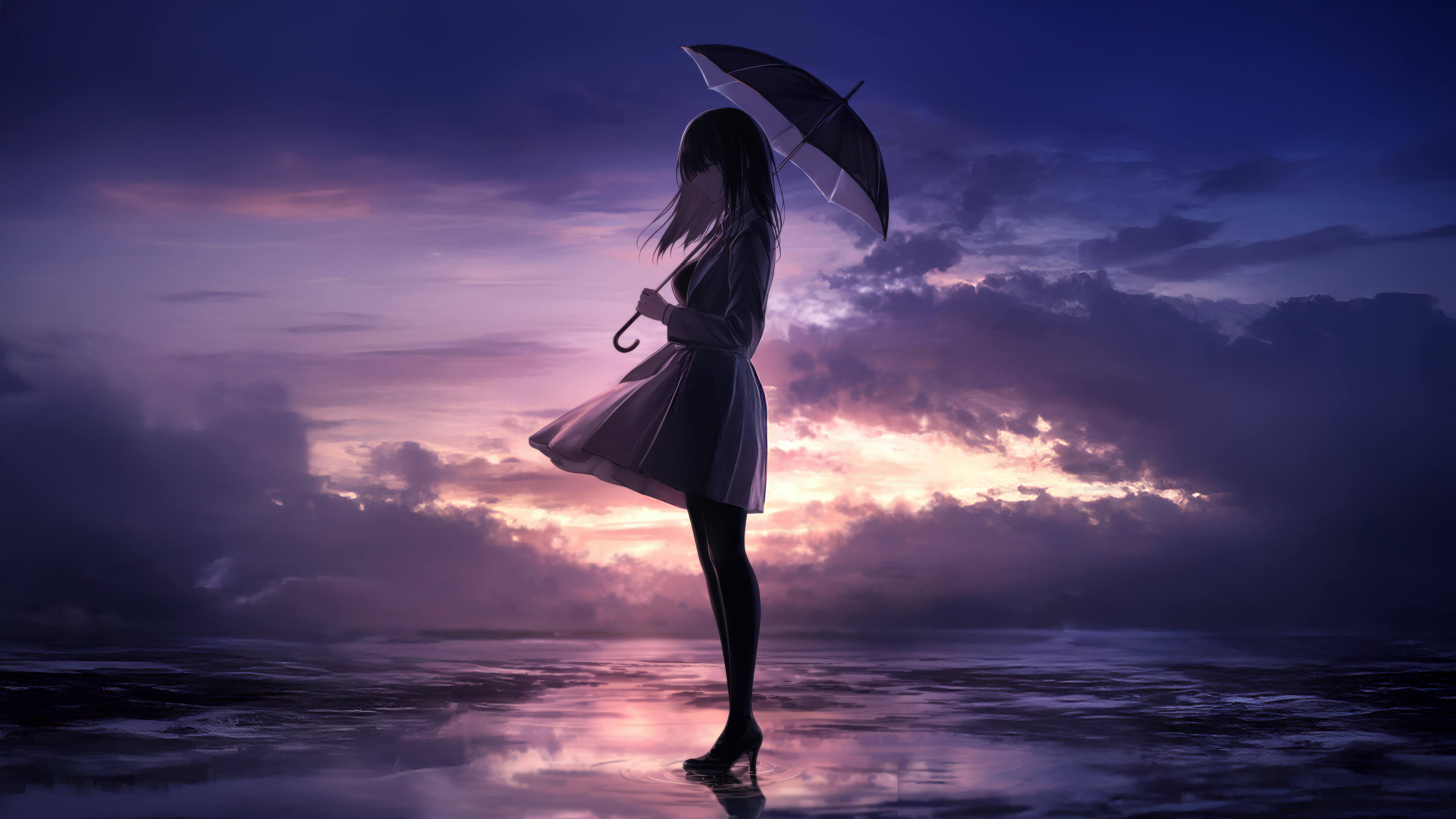 Girl With Umbrella At Purple Sunset HD Wallpaper