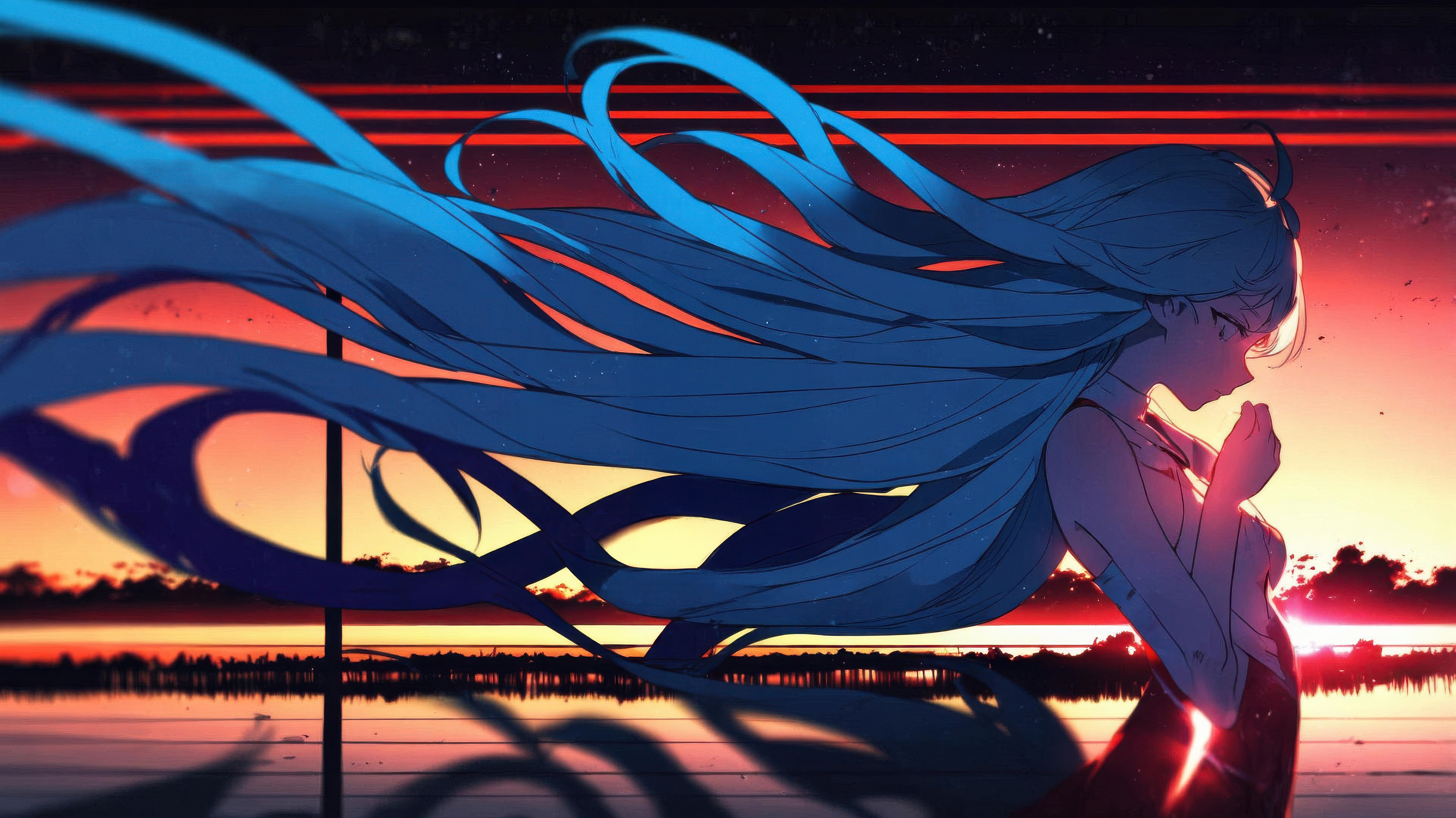 Anime Girl with Azure Hair Dancing in the Wind HD Wallpaper