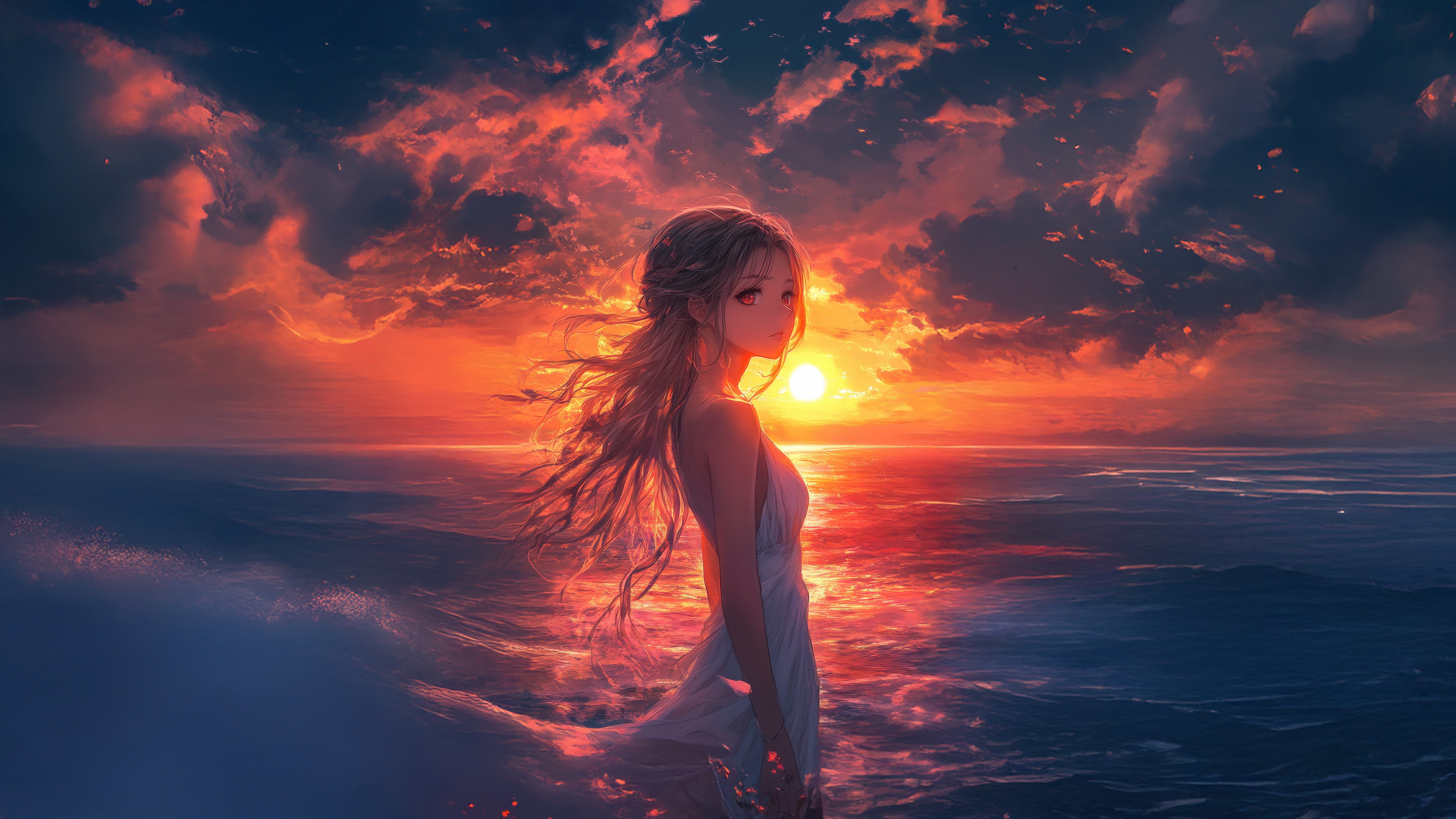 Anime girl with long flowing hair by the sea at sunset HD Wallpaper