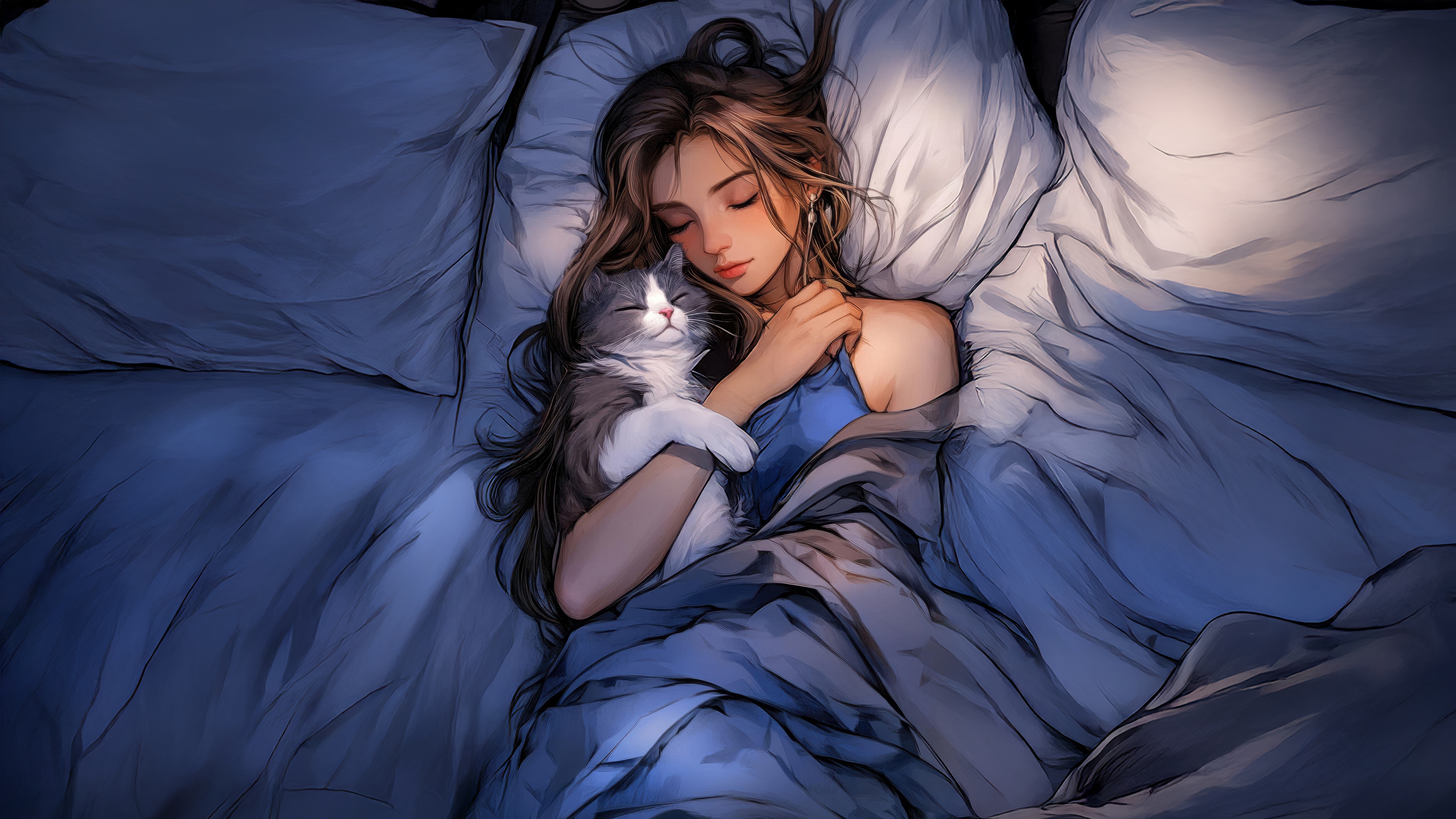 Anime girl sleeping peacefully with a cat HD Wallpaper