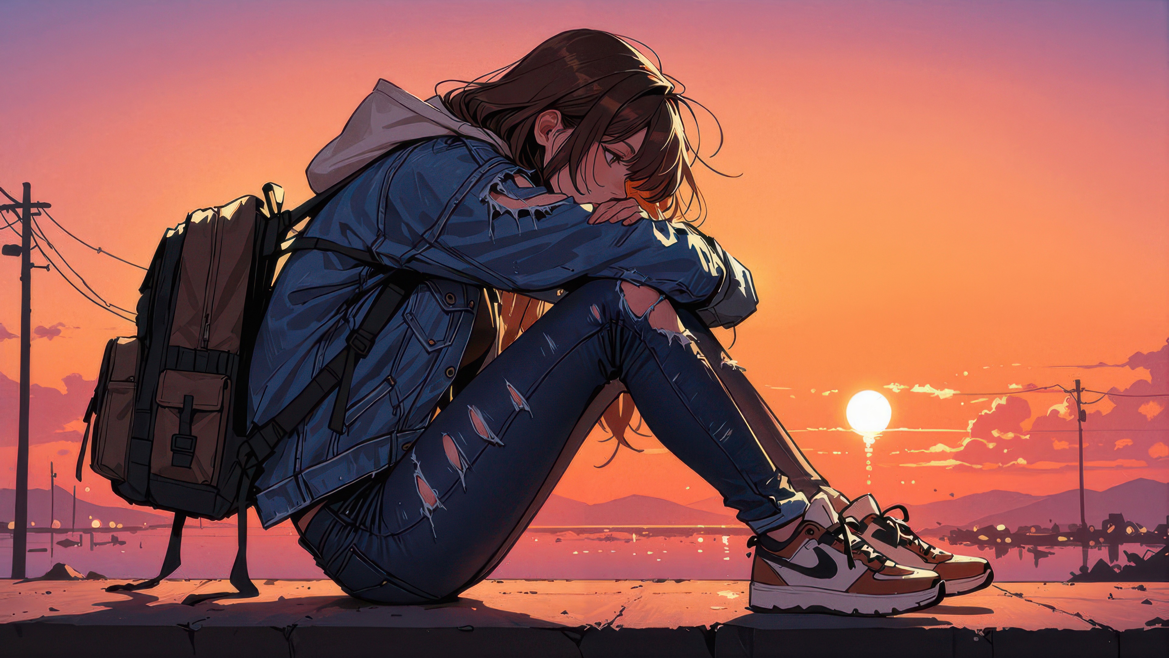 Anime girl with backpack sitting alone at sunset HD Wallpaper