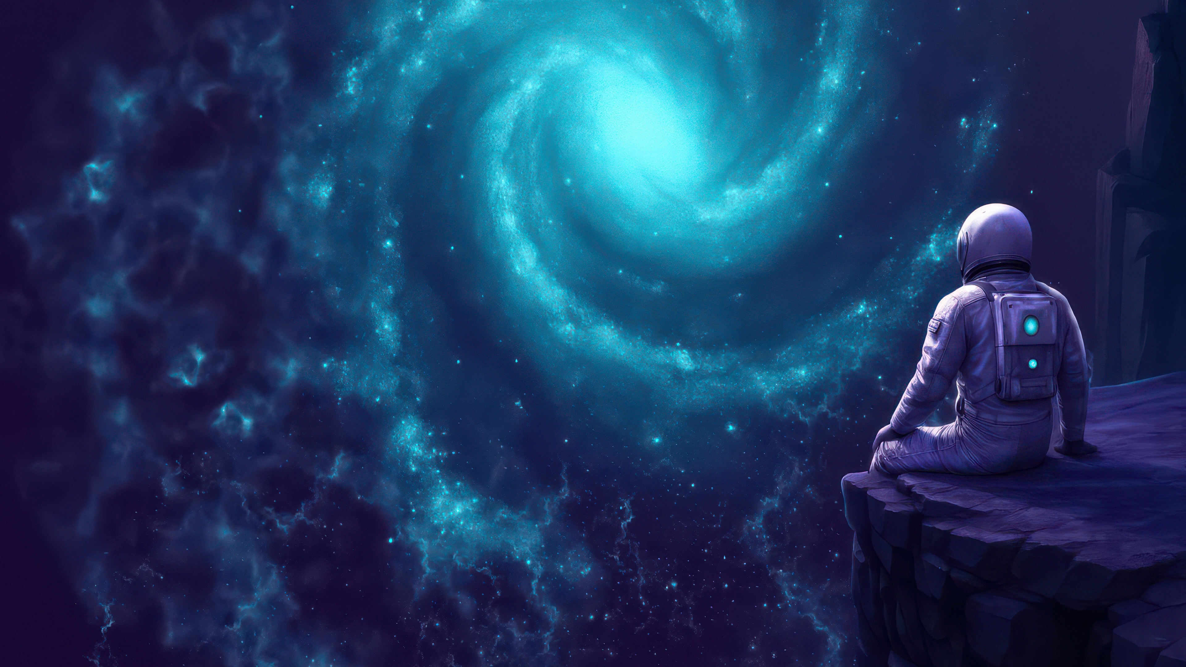 Astronaut sitting on a cliff overlooking a galaxy HD Wallpaper
