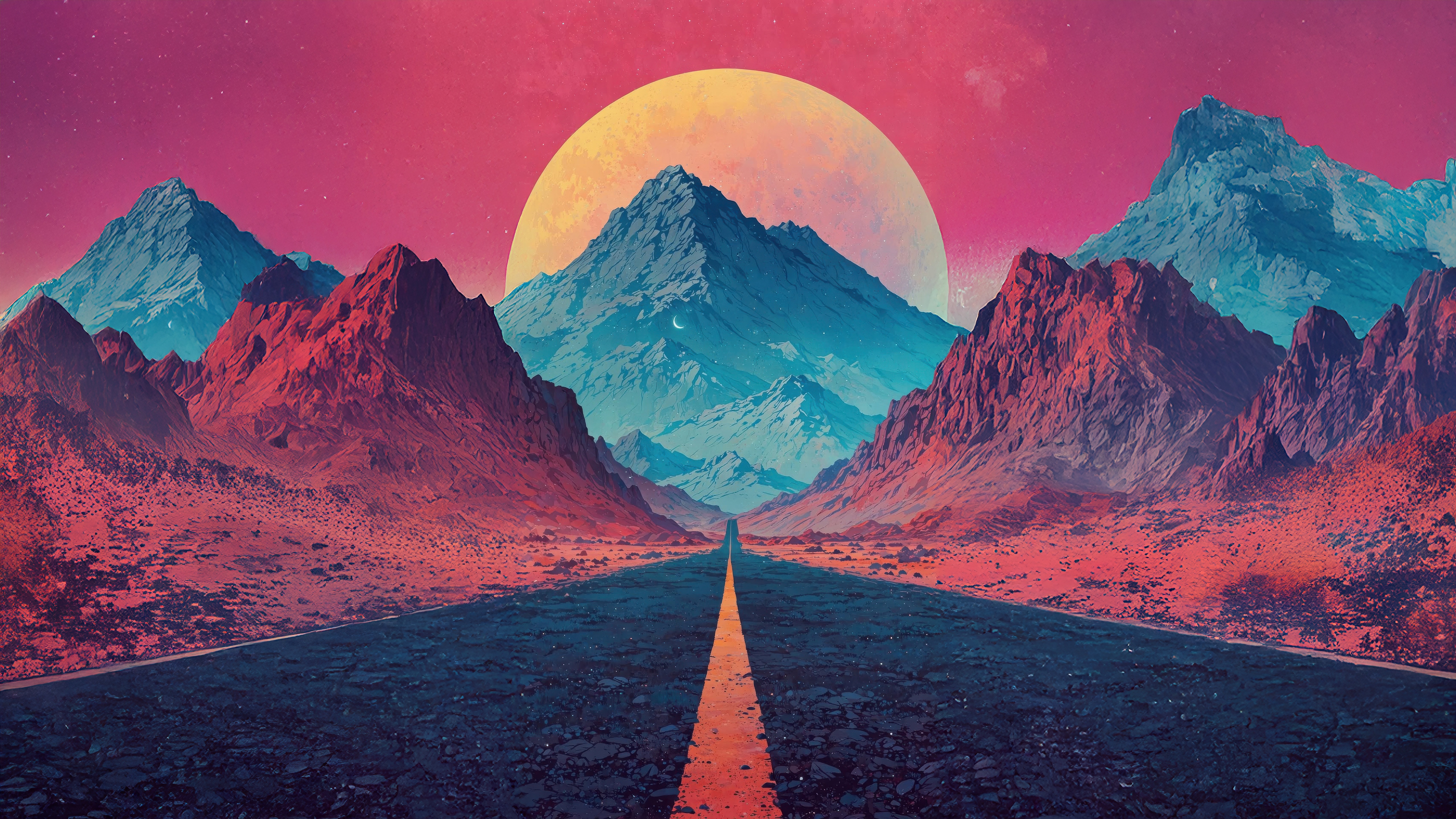 Synthwave Highway to Giant Moon Mountain Landscape HD Wallpaper