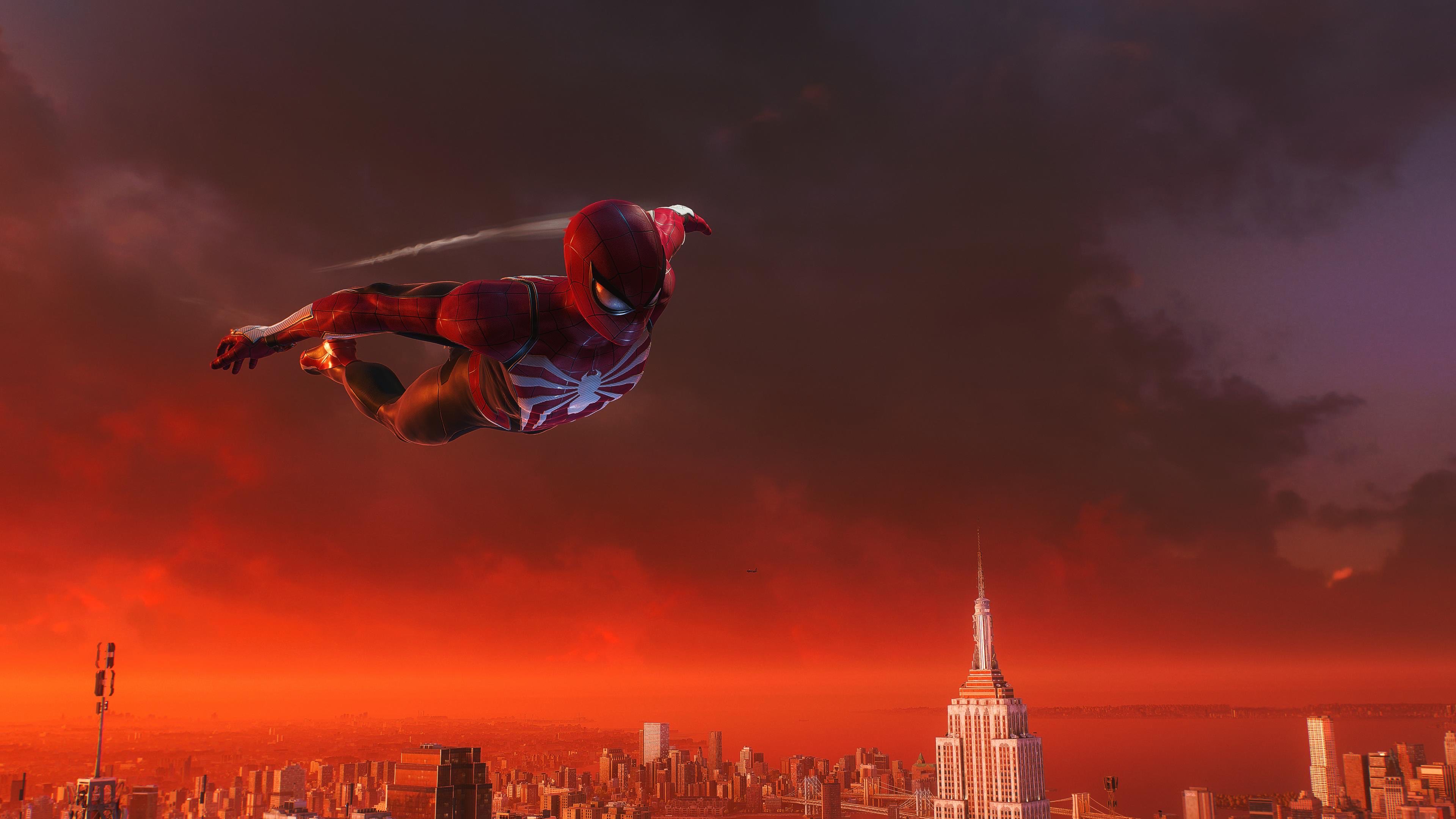 Spider-Man flying over New York City at sunset HD Wallpaper
