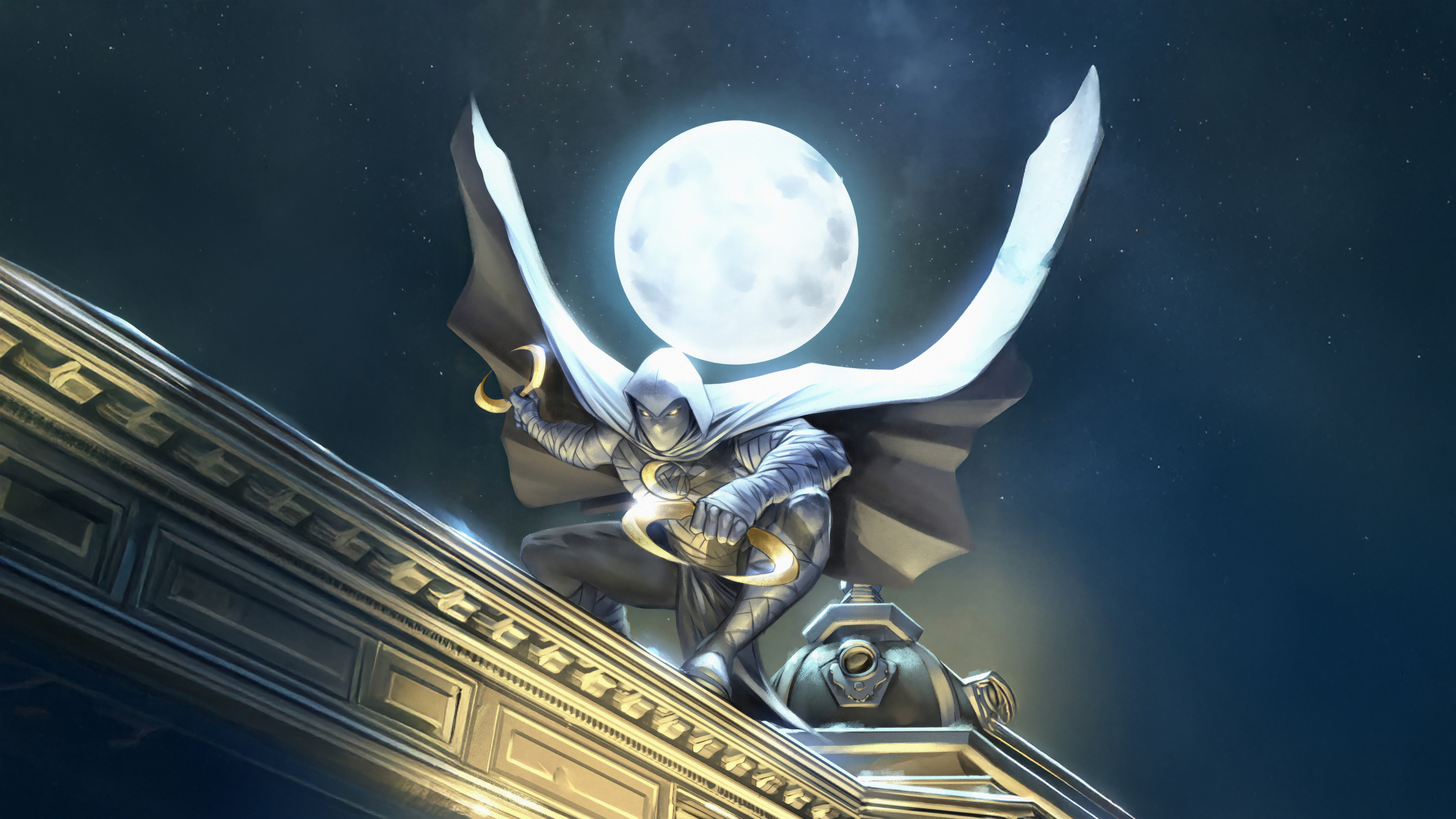 Moon Knight Crouching on a Rooftop Under the Moon HD Wallpaper