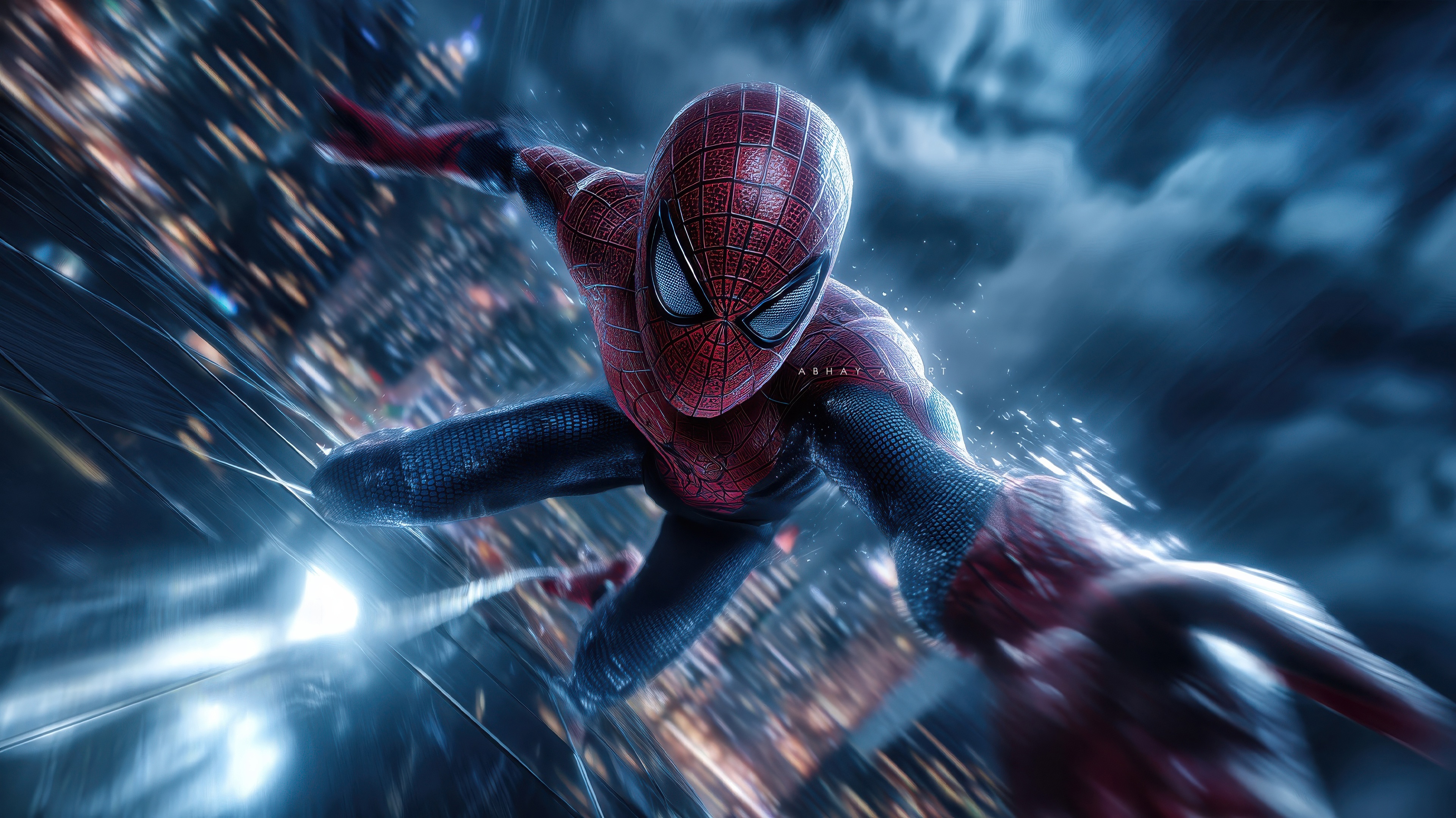 Spider-Man swinging through a city at night HD Wallpaper