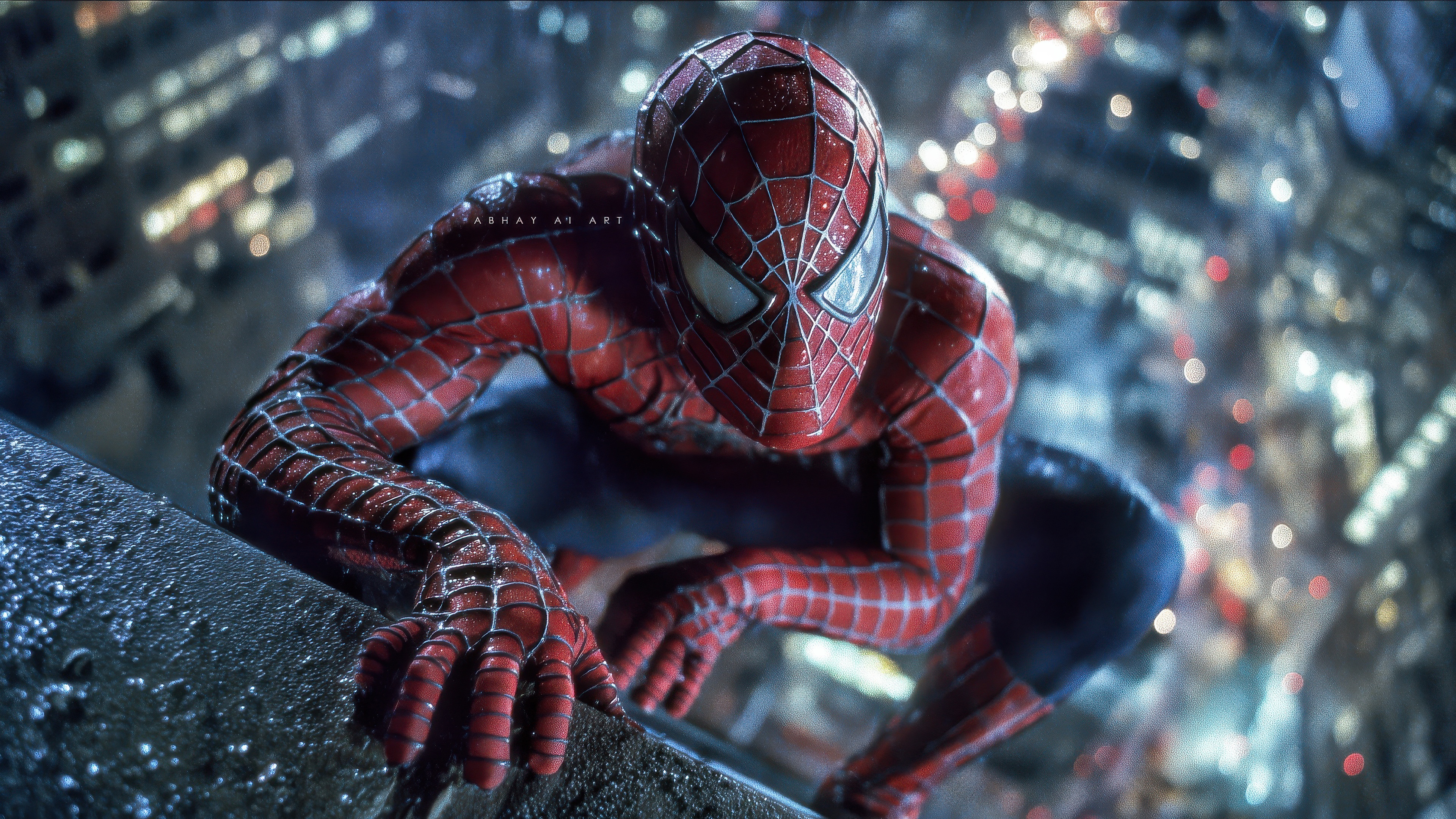 Spider-Man Crouching on a Building Ledge HD Wallpaper