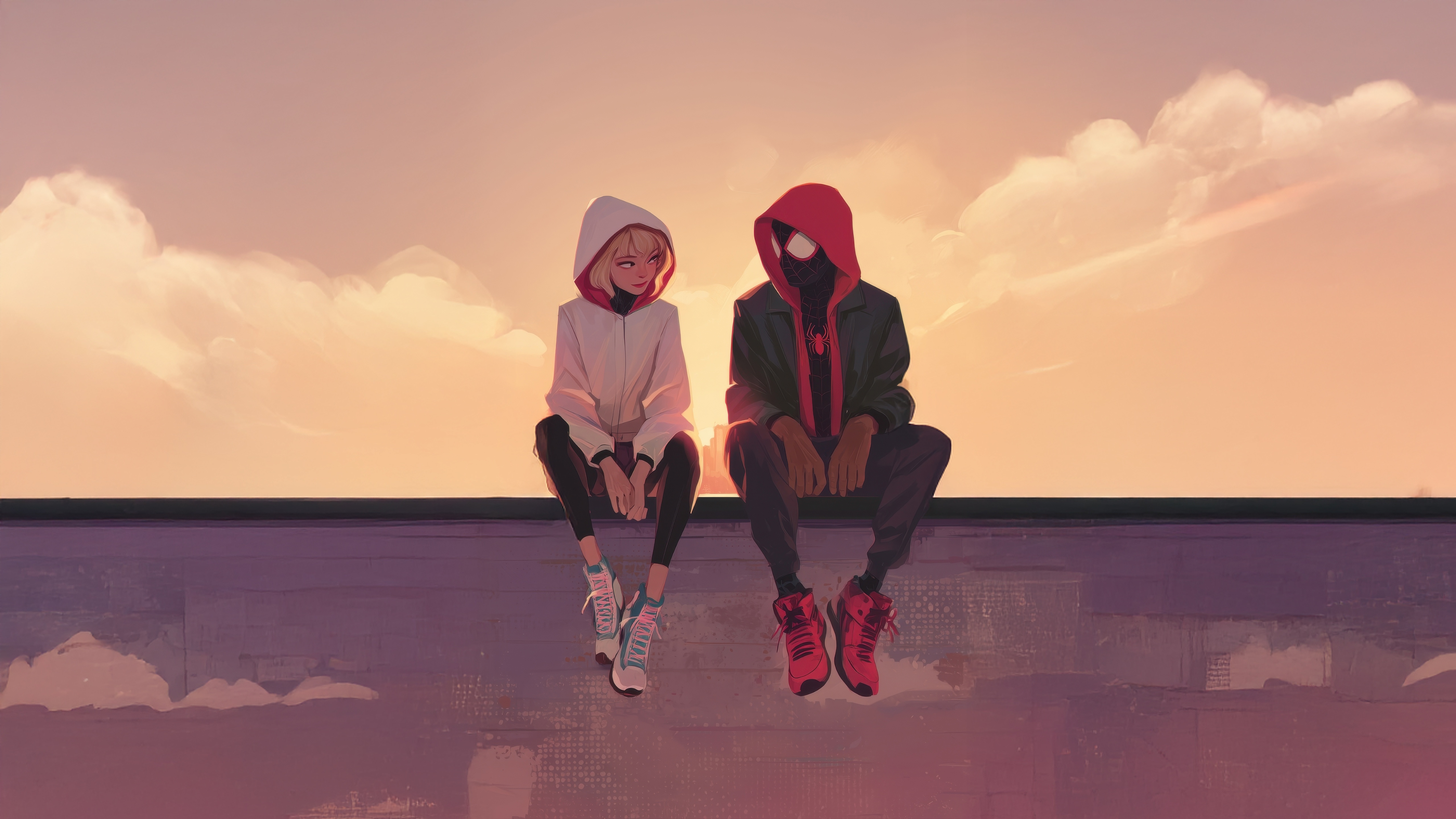 Spider-Gwen and Miles Morales sitting on a rooftop HD Wallpaper