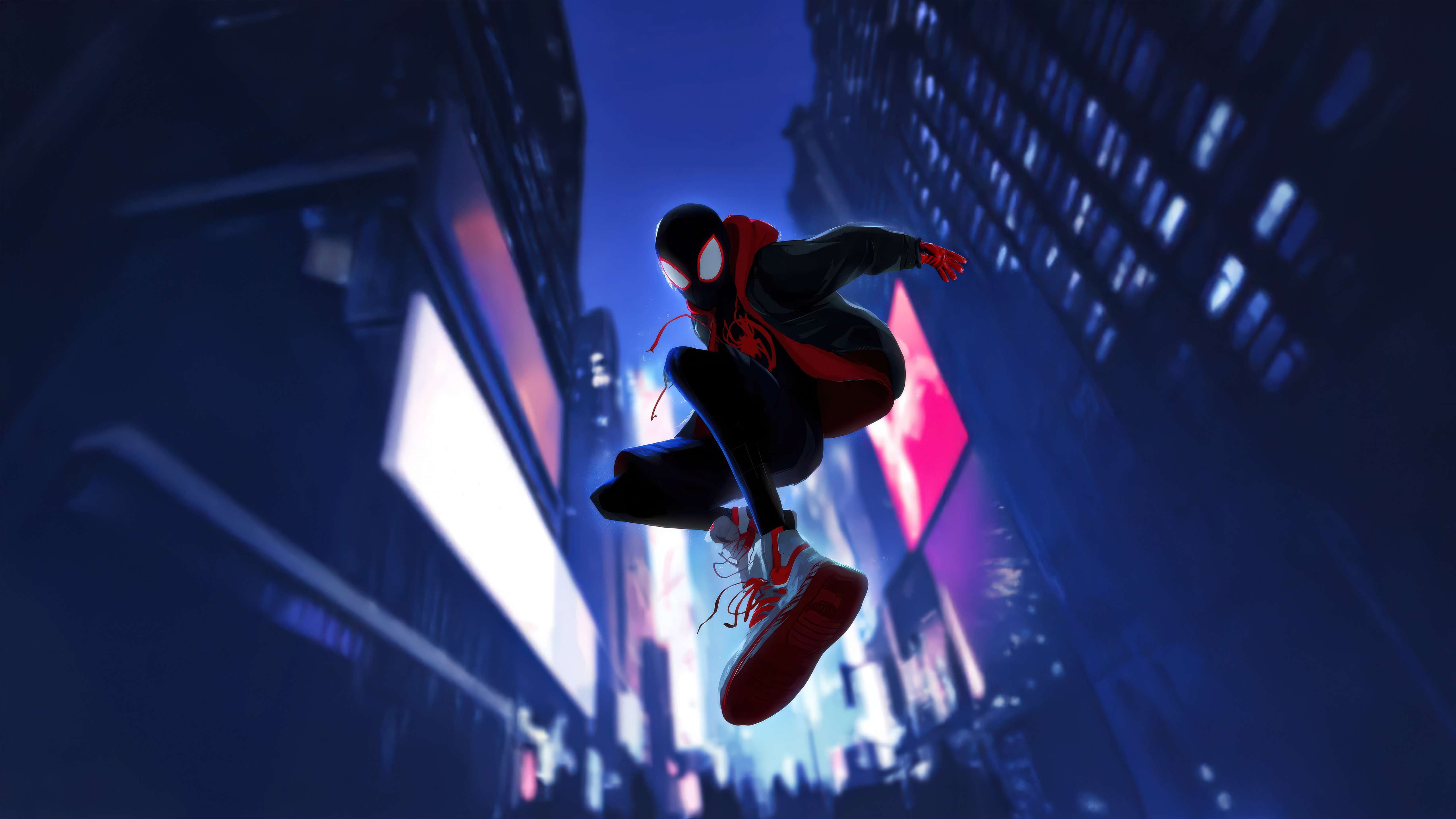 Miles Morales Jumping Through a City HD Wallpaper