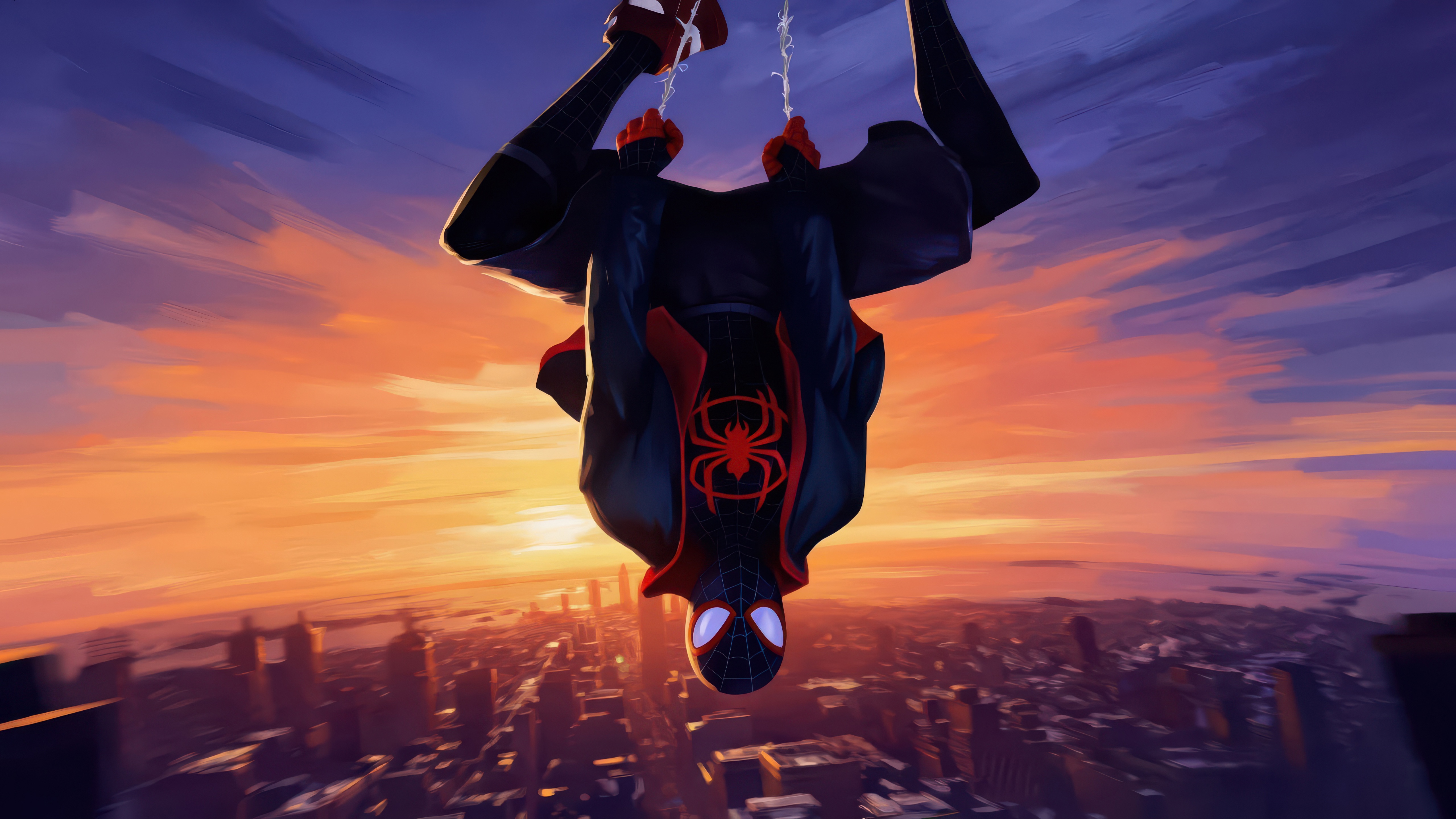 Miles Morales hanging upside down over a city at sunset HD Wallpaper