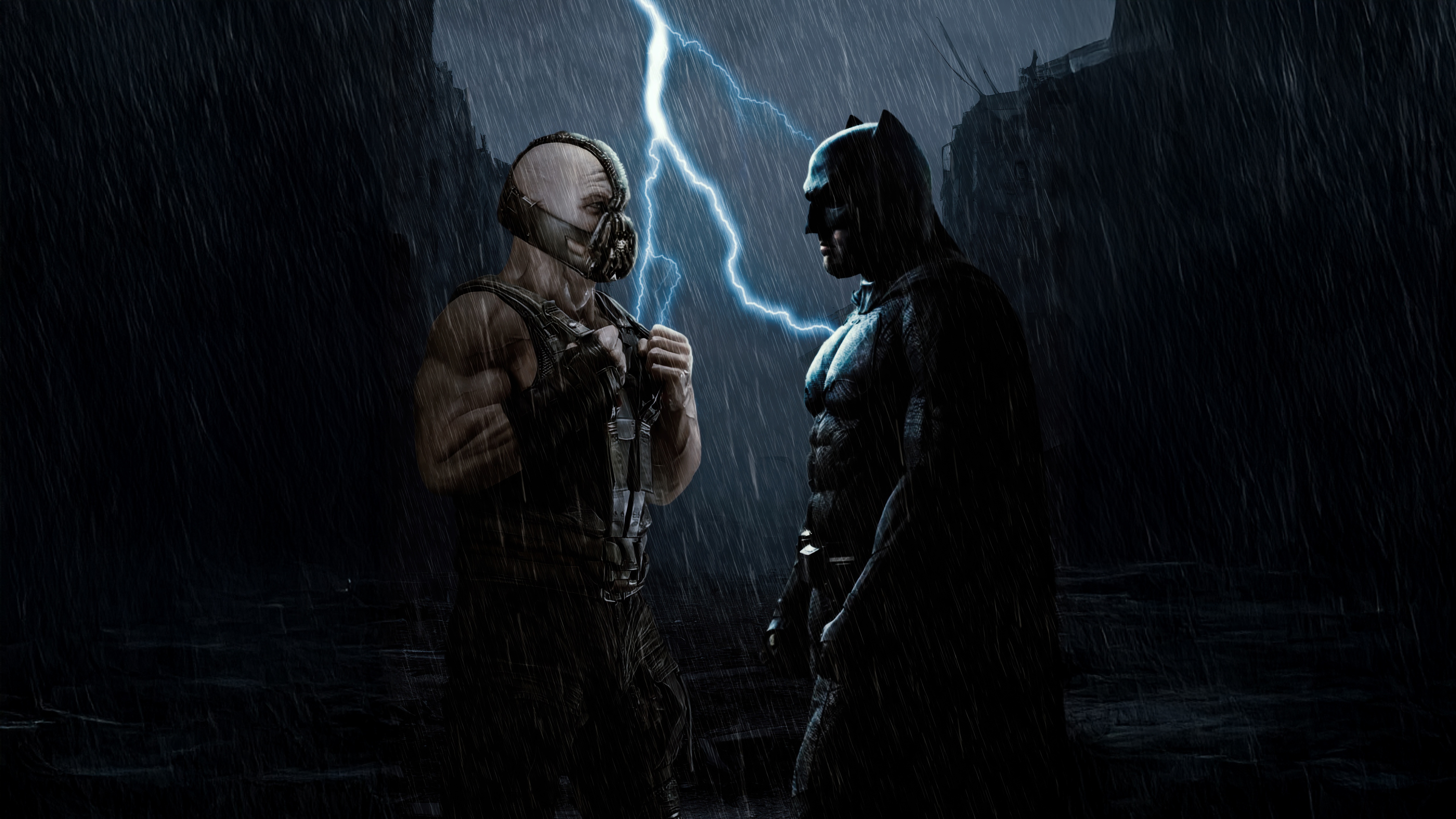 Batman and Bane face off in the rain HD Wallpaper