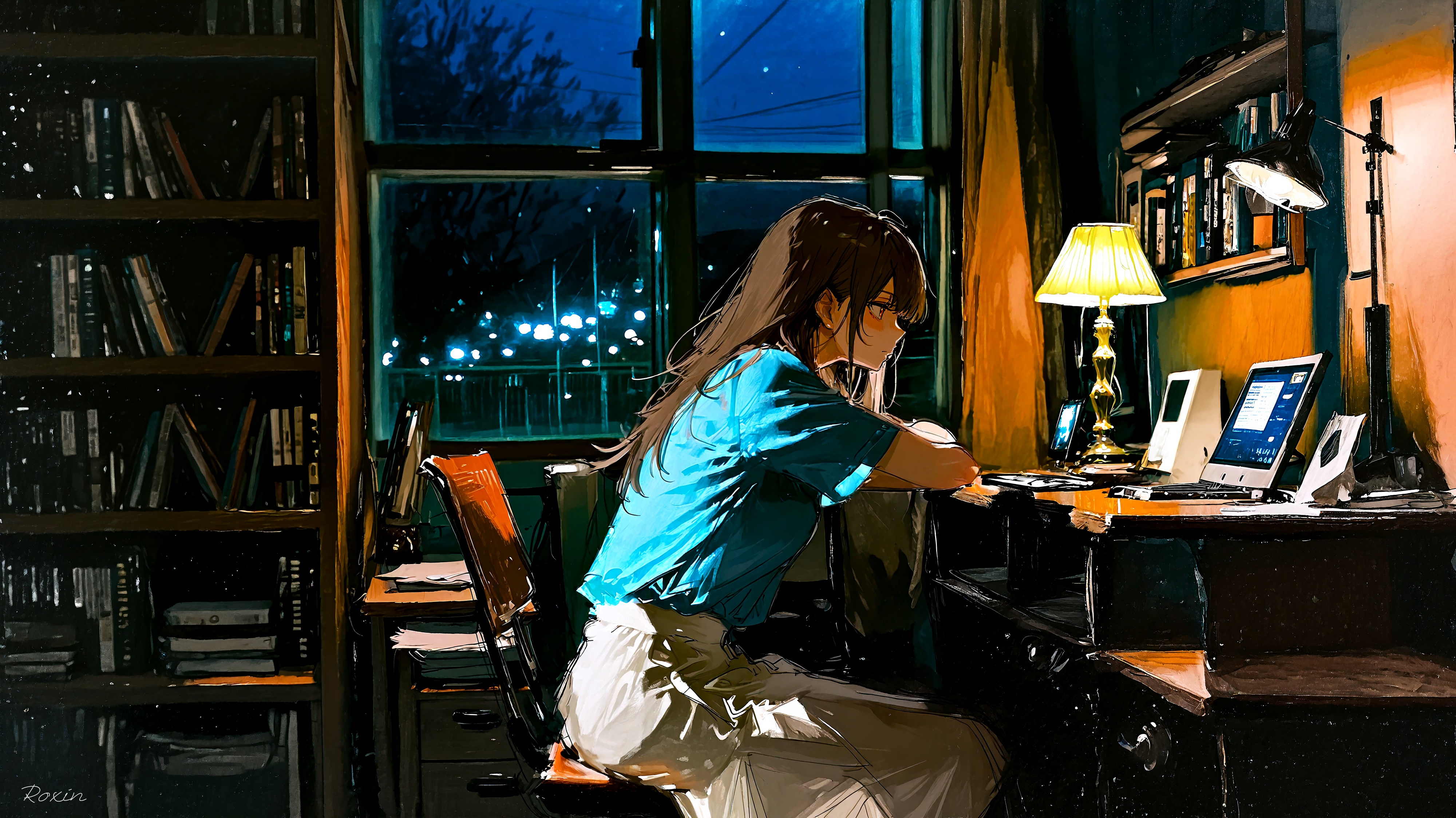 Anime girl studying at a desk at night HD Wallpaper