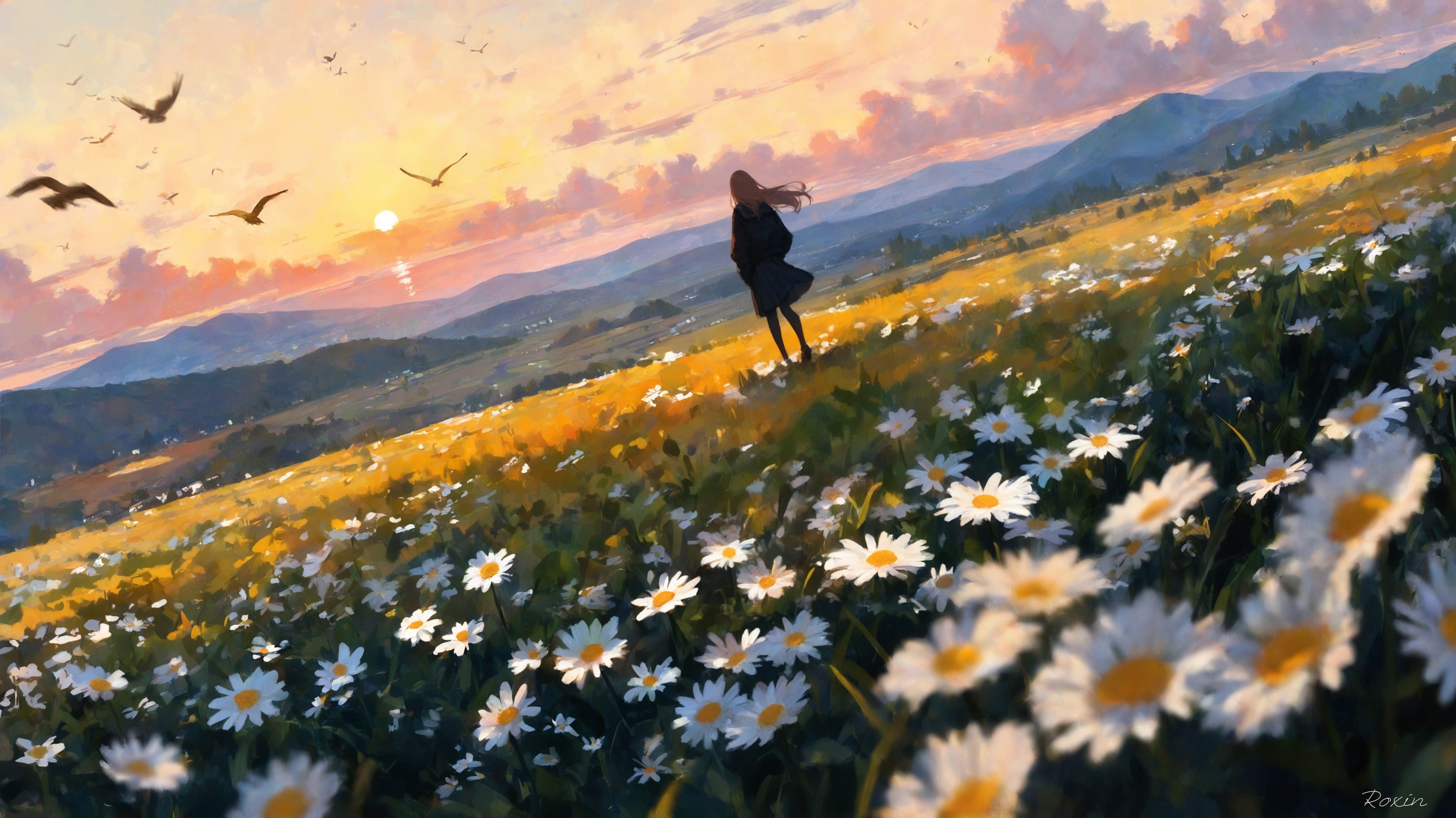Girl dancing in a field of daisies at sunset HD Wallpaper