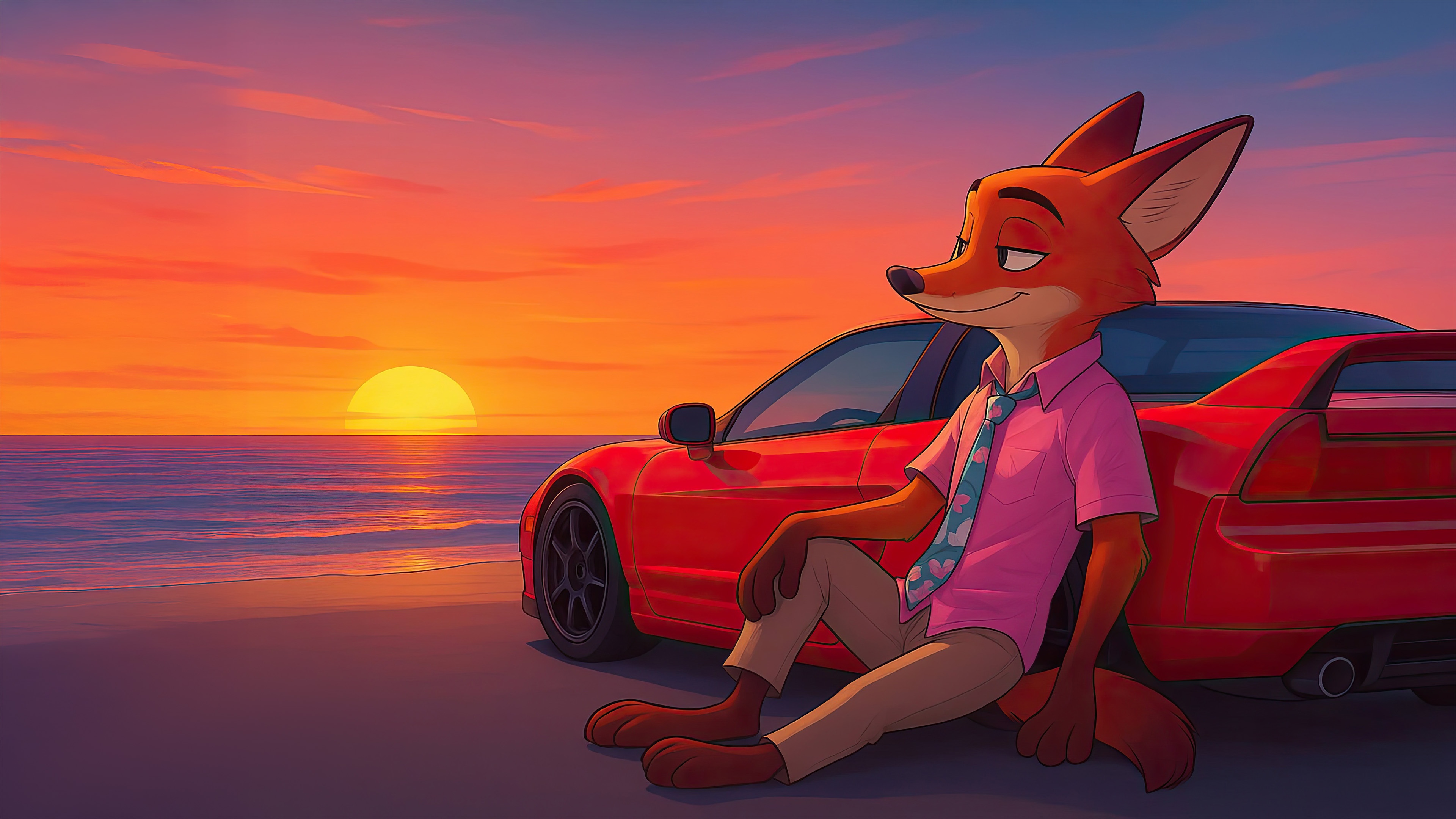 Fox by the ocean at sunset HD Wallpaper