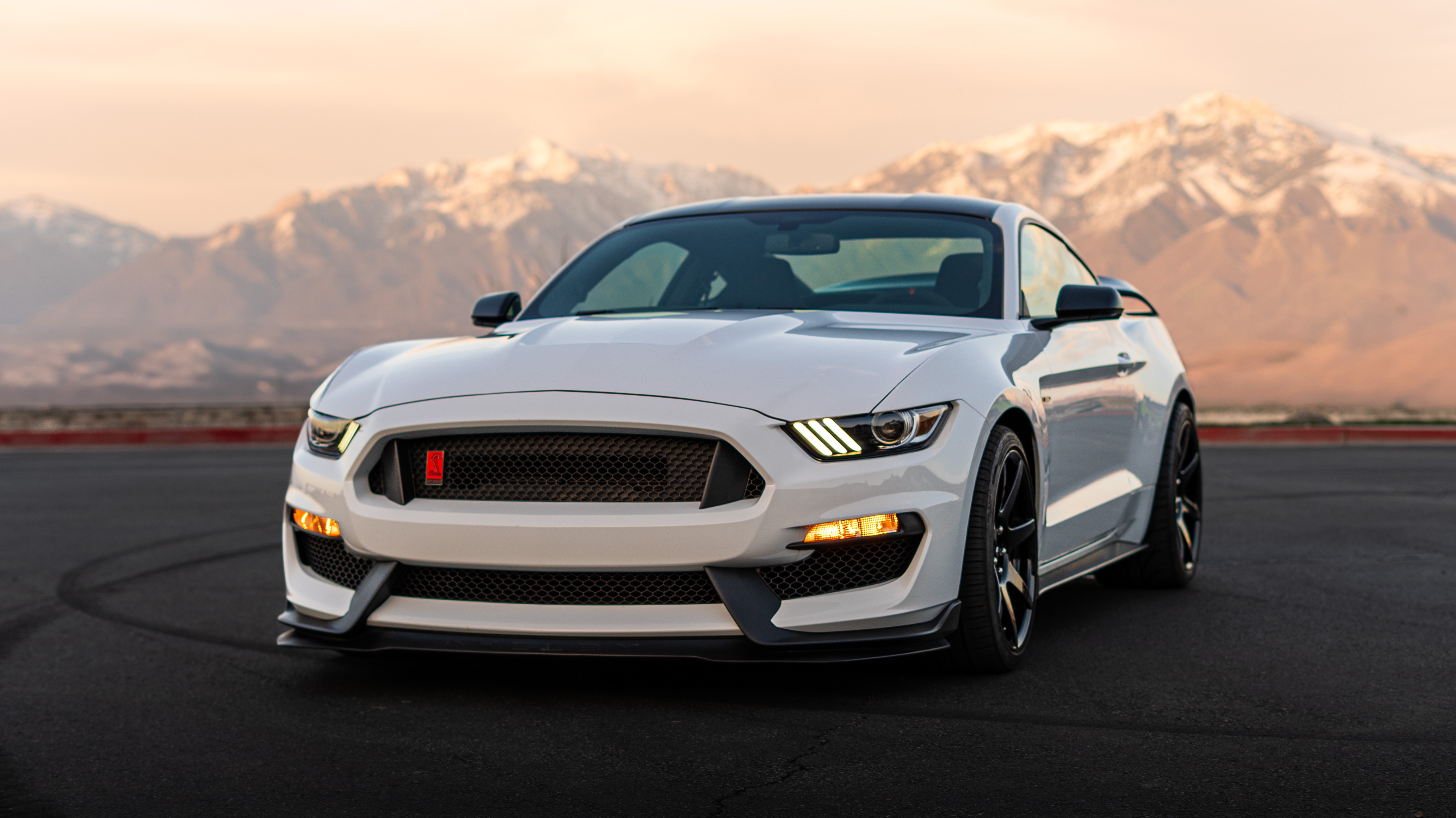 White Shelby GT350 Mustang with Mountains in Background HD Wallpaper