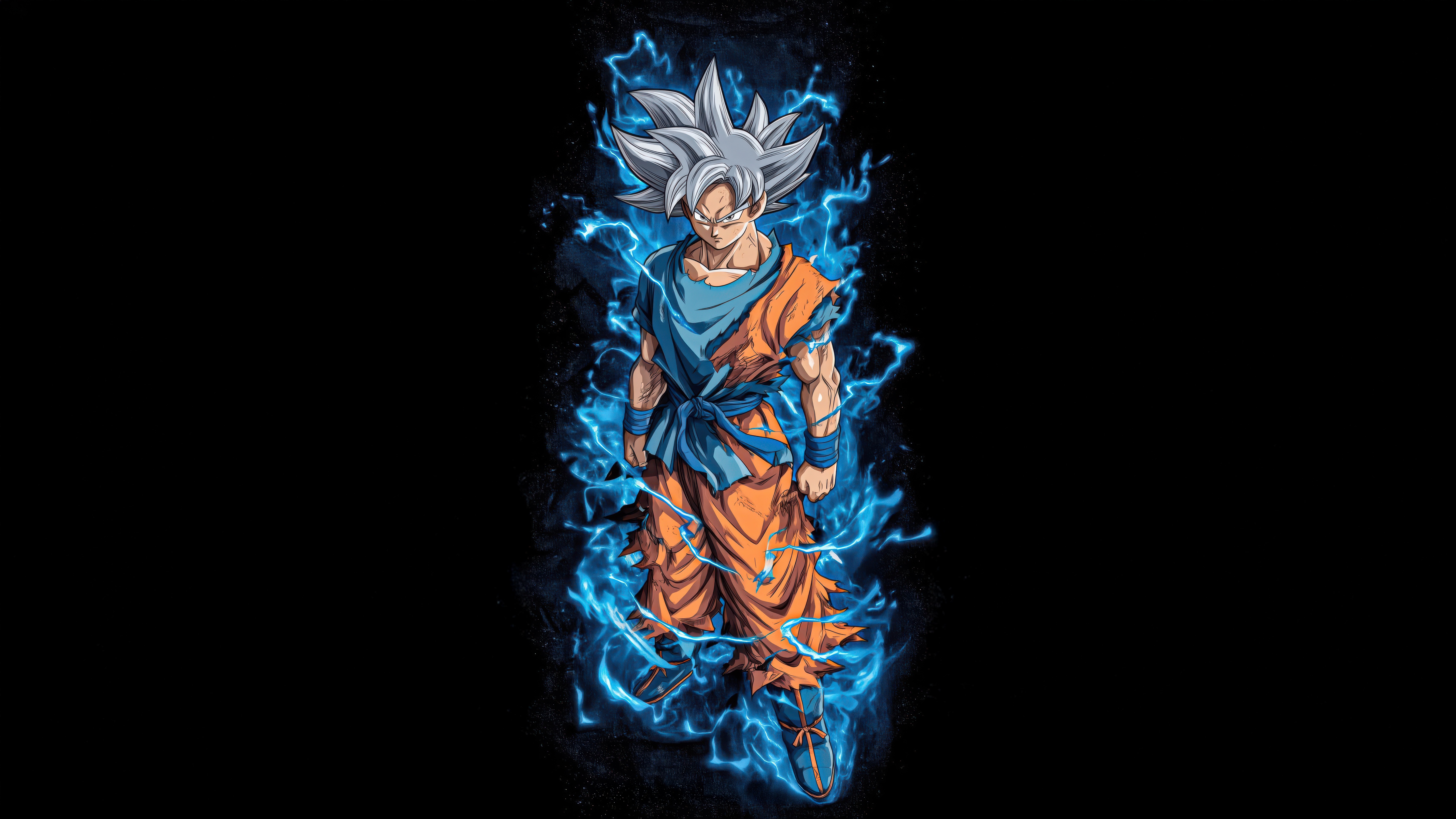 Goku in Ultra Instinct form surrounded by blue energy HD Wallpaper