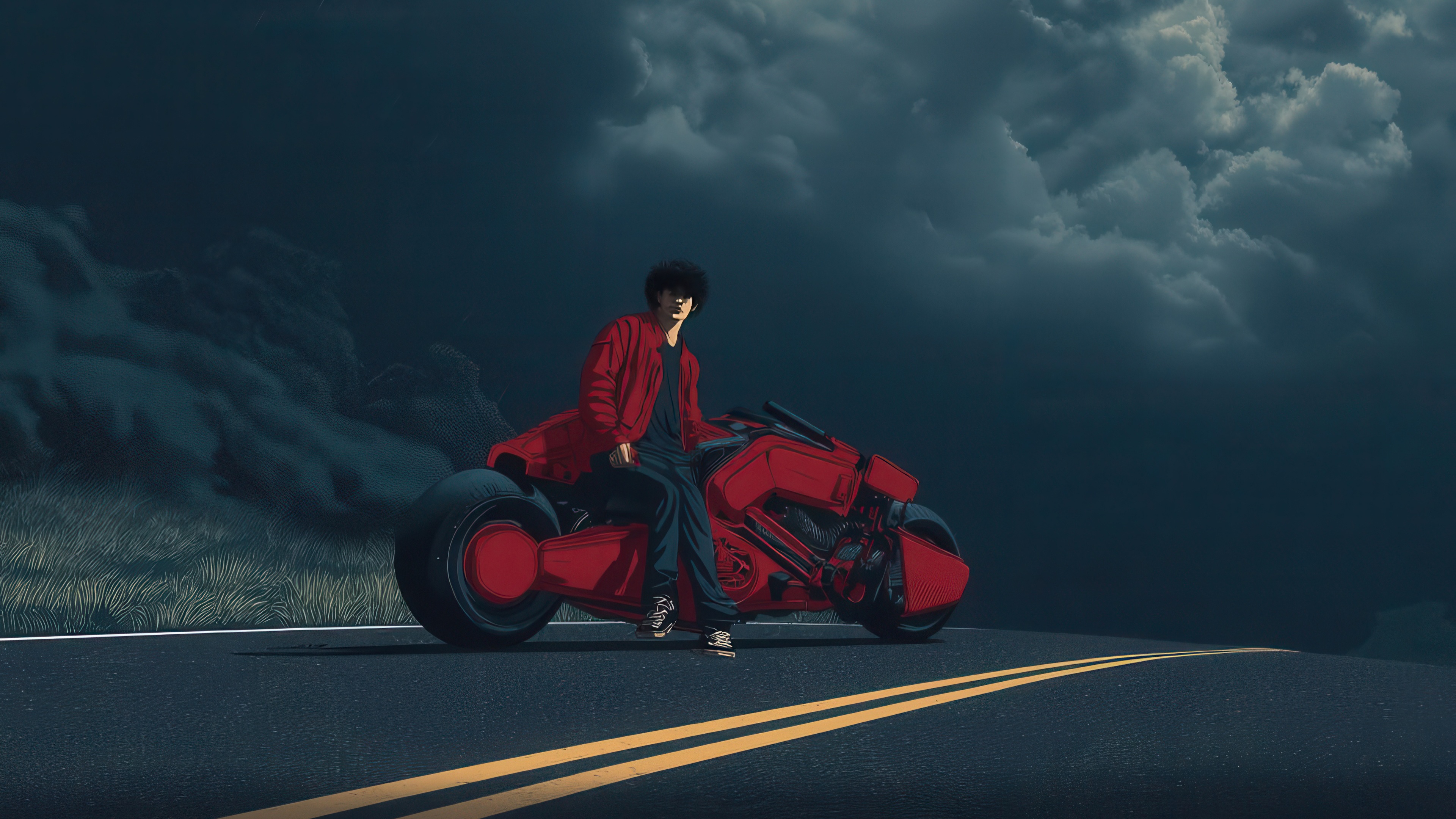 Shotaro Kaneda from Akira on a red motorcycle HD Wallpaper