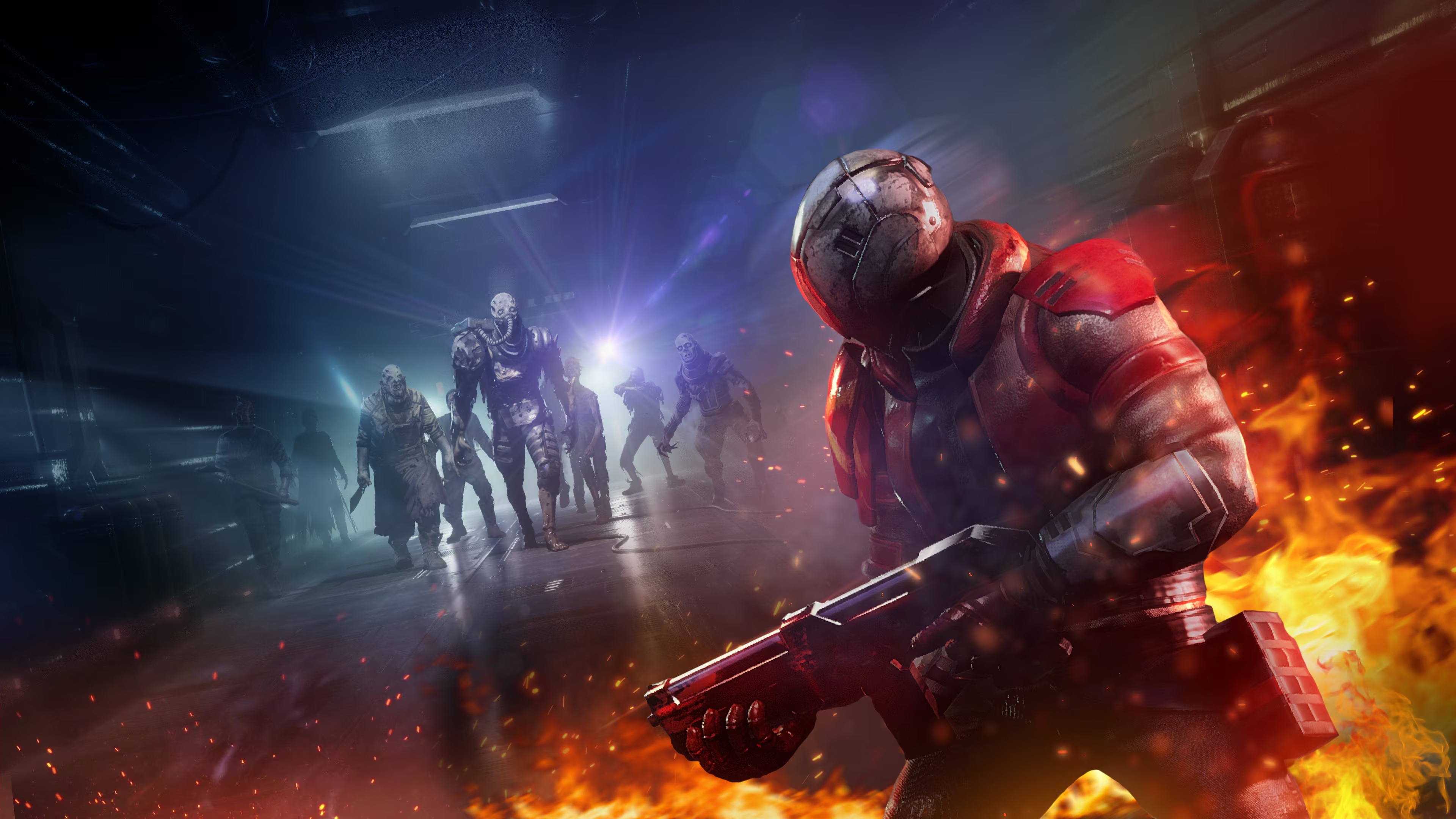 Soldier in red armor fights zombies in a burning corridor HD Wallpaper