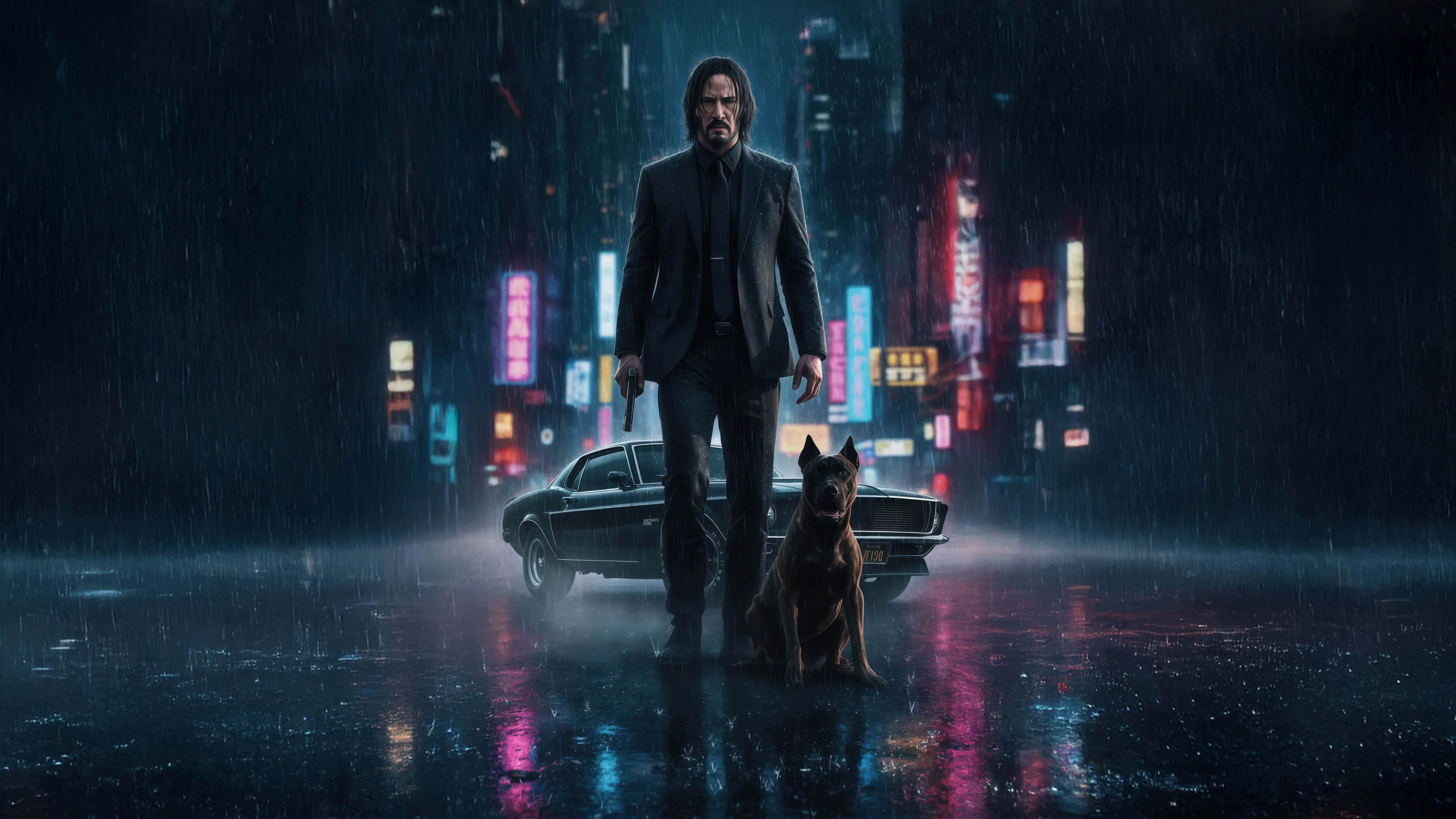 John Wick and his dog in the rain HD Wallpaper