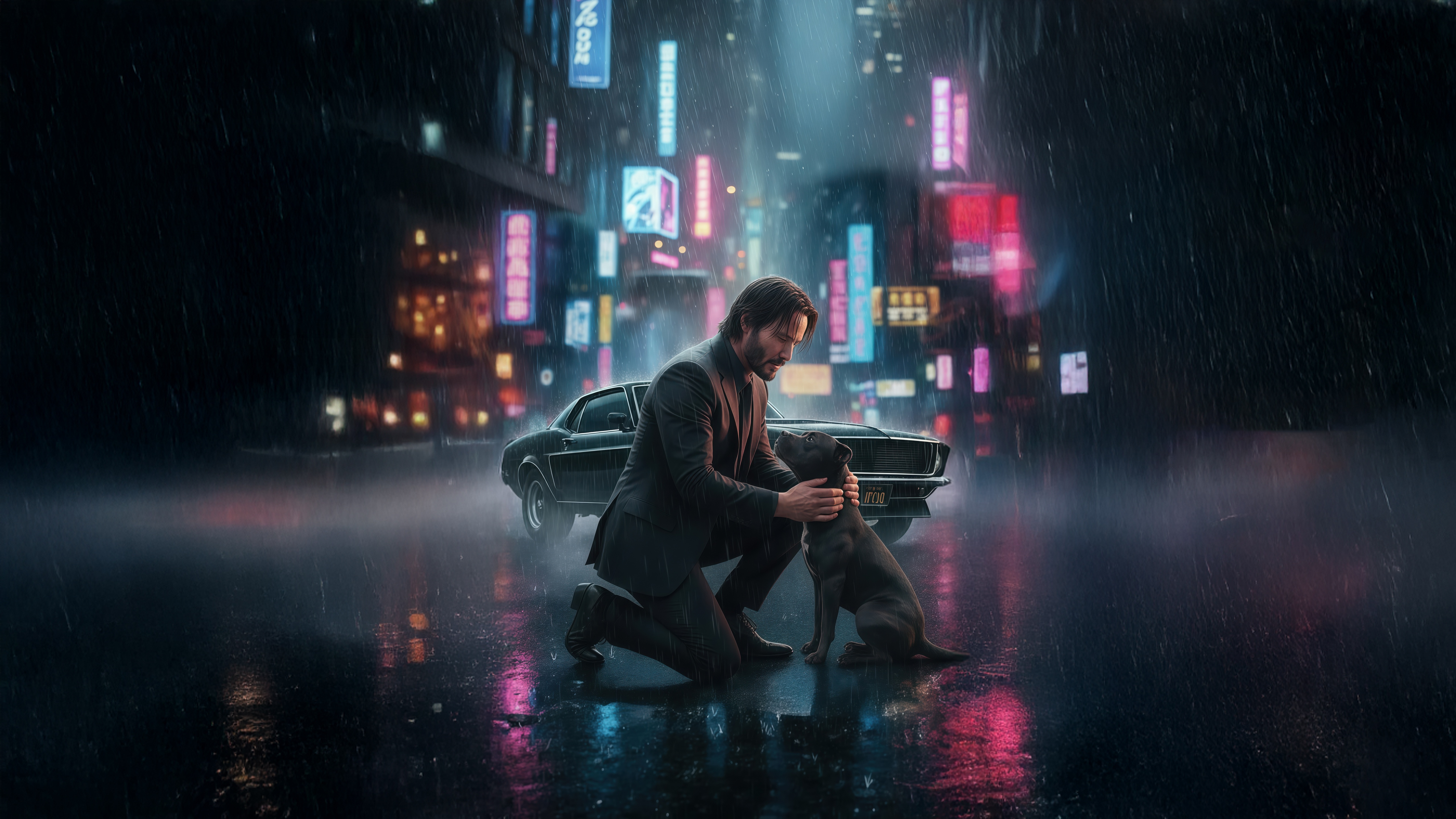 John Wick with his dog in the rain HD Wallpaper
