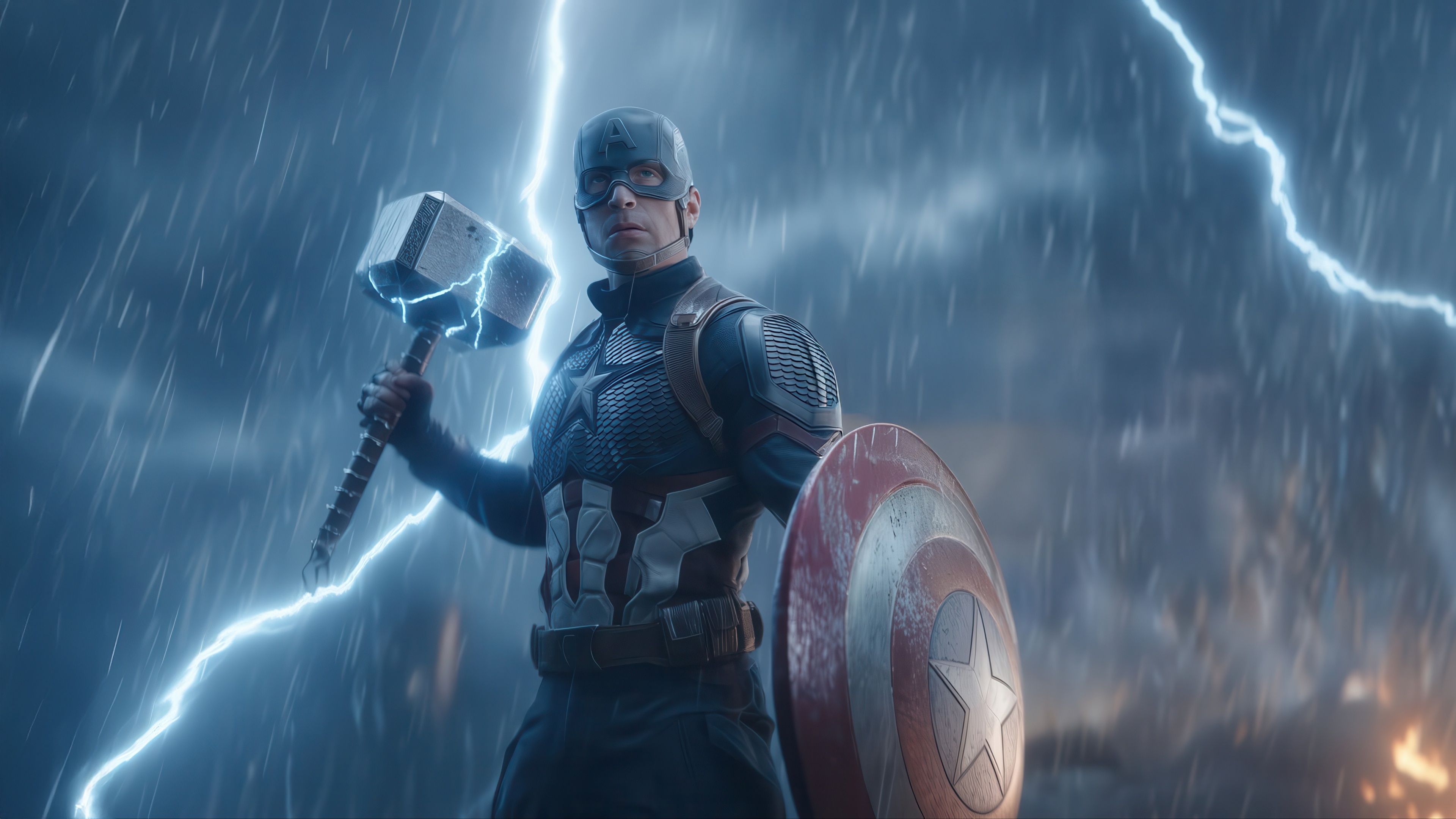 Captain America wields Mjolnir during lightning strikes HD Wallpaper