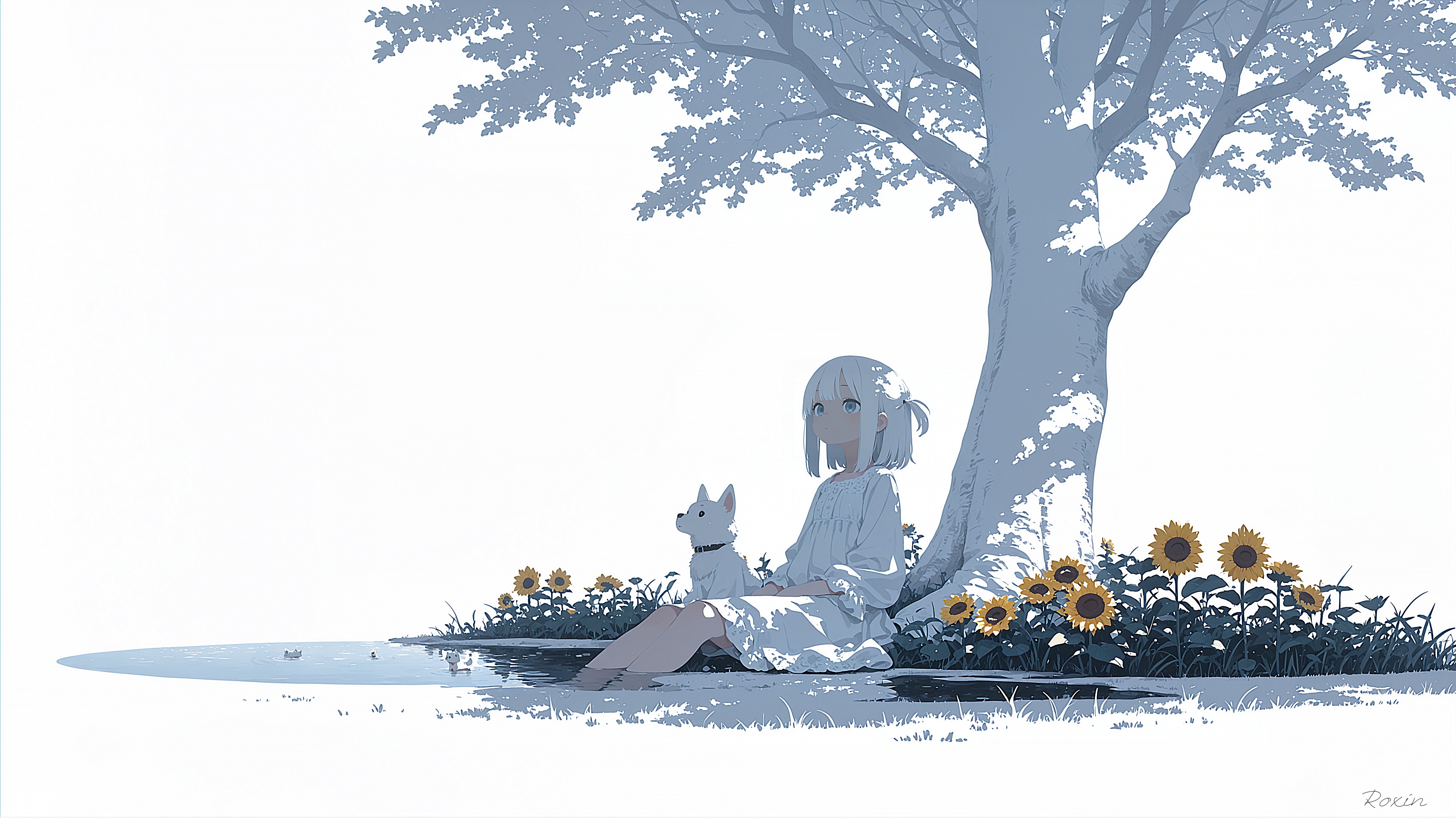 Girl and dog under a tree with sunflowers HD Wallpaper