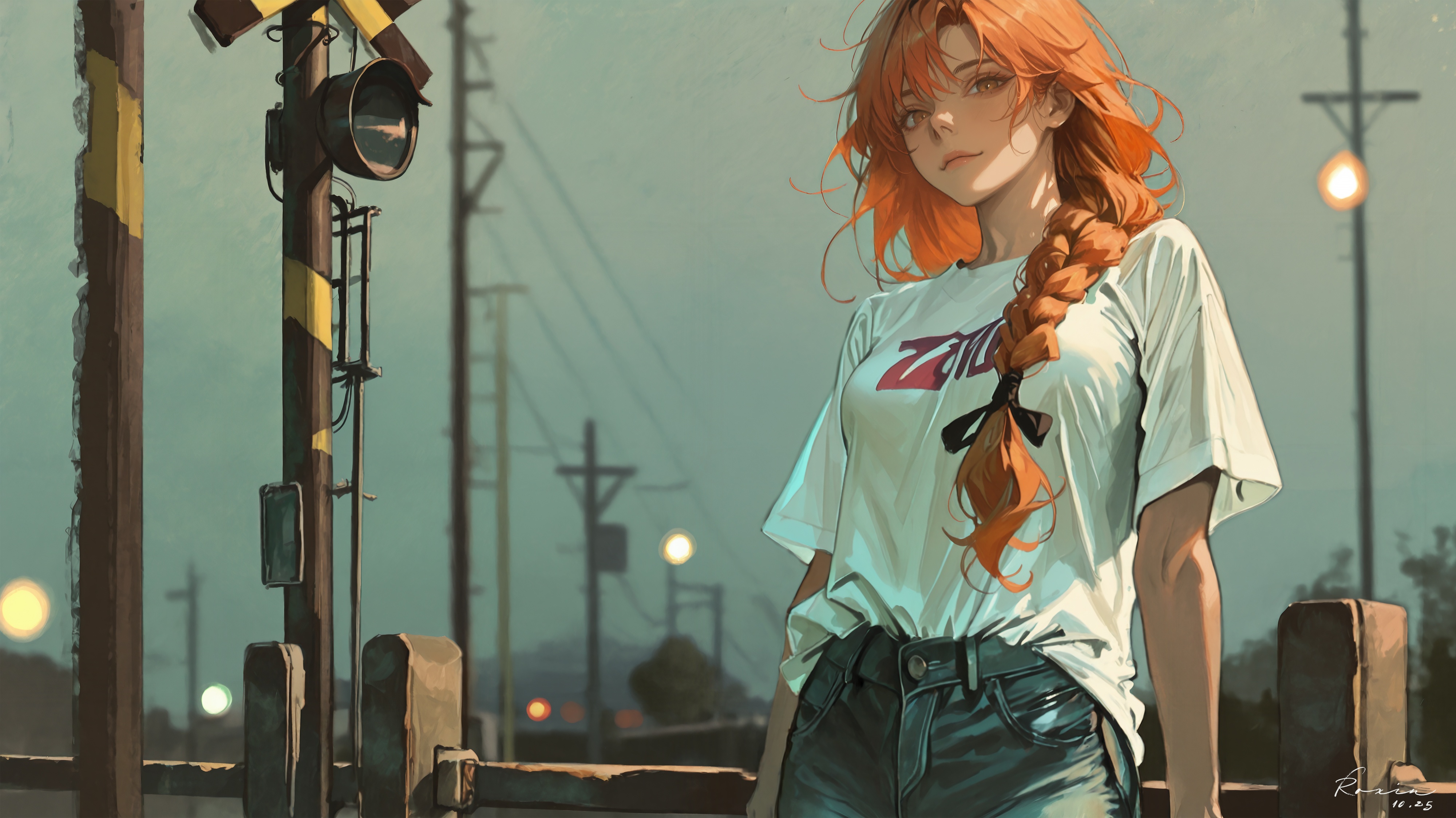 Anime girl with orange hair at a railroad crossing HD Wallpaper