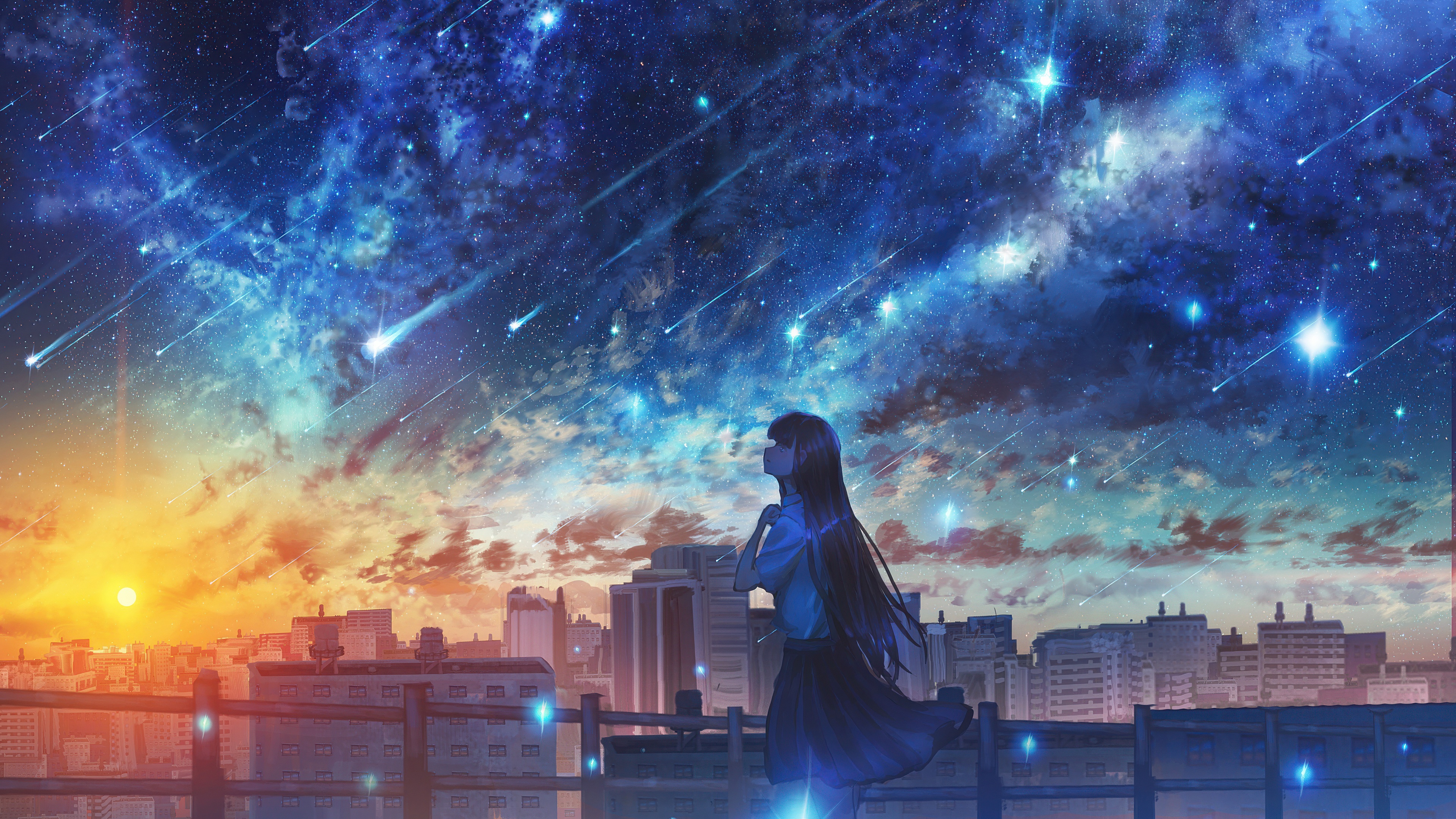 Anime girl watching meteor shower over city HD Wallpaper