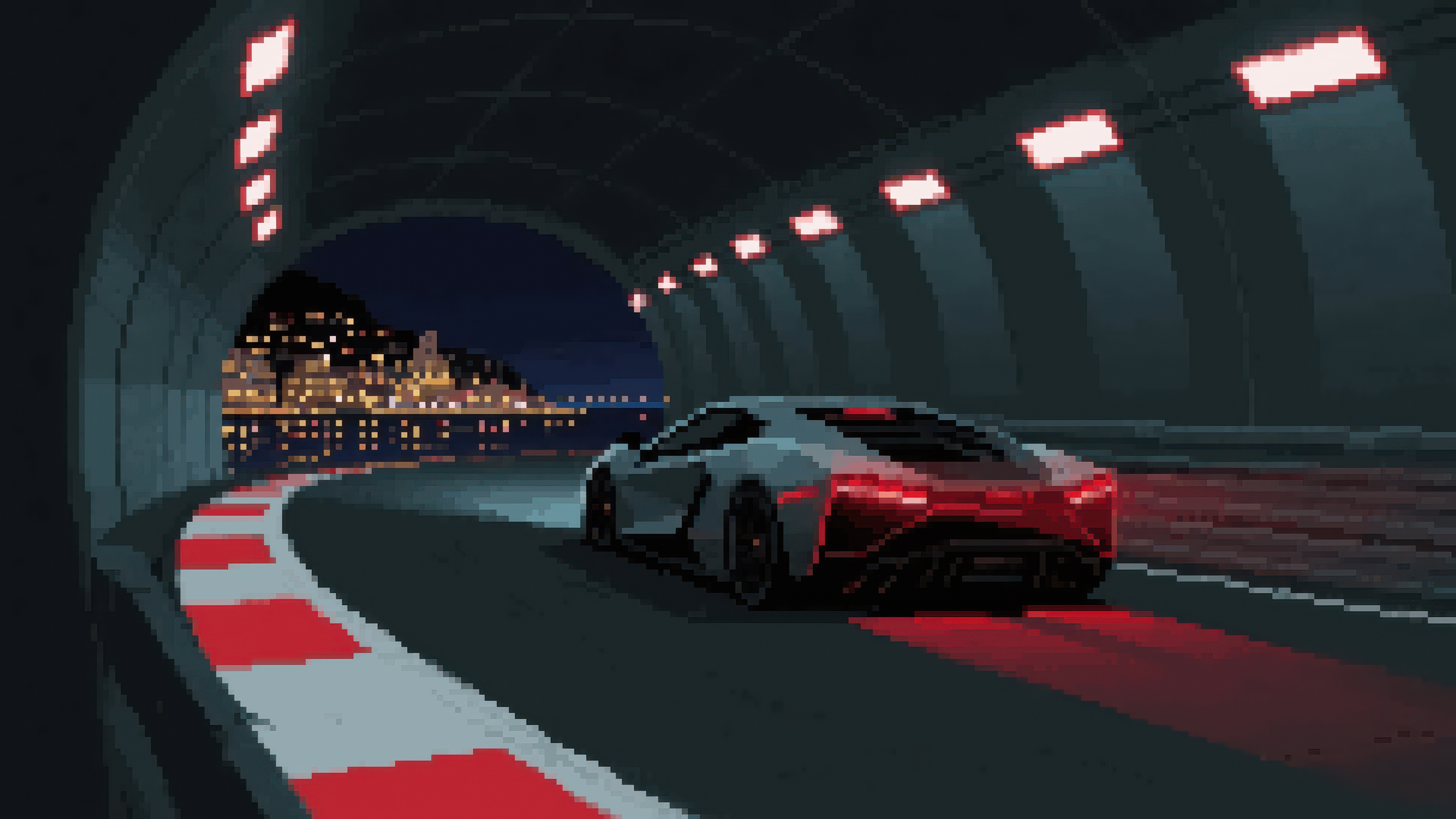 Pixel art car driving through a tunnel at night HD Wallpaper
