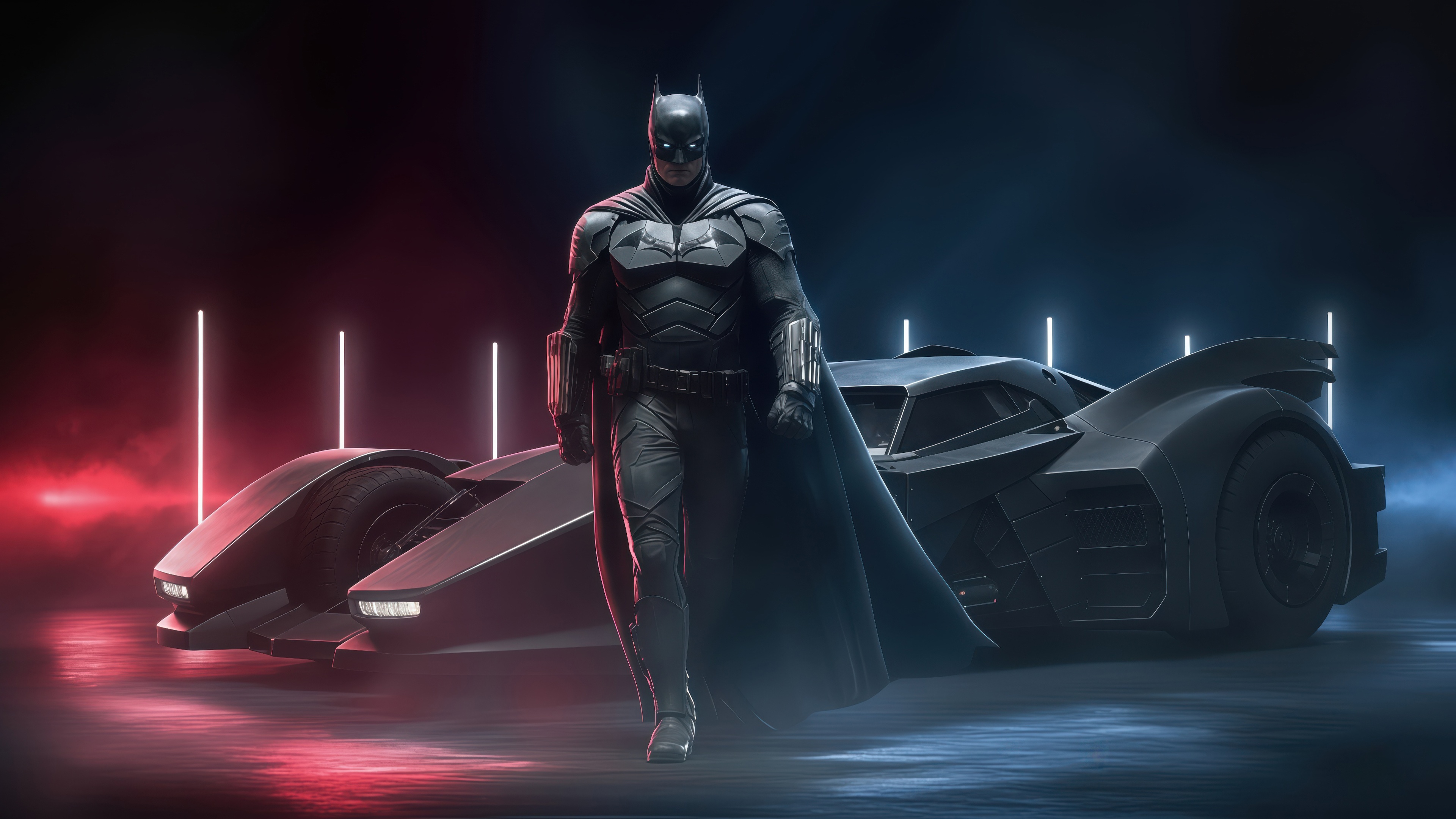 Batman and the Batmobile in Neon Lights HD Wallpaper