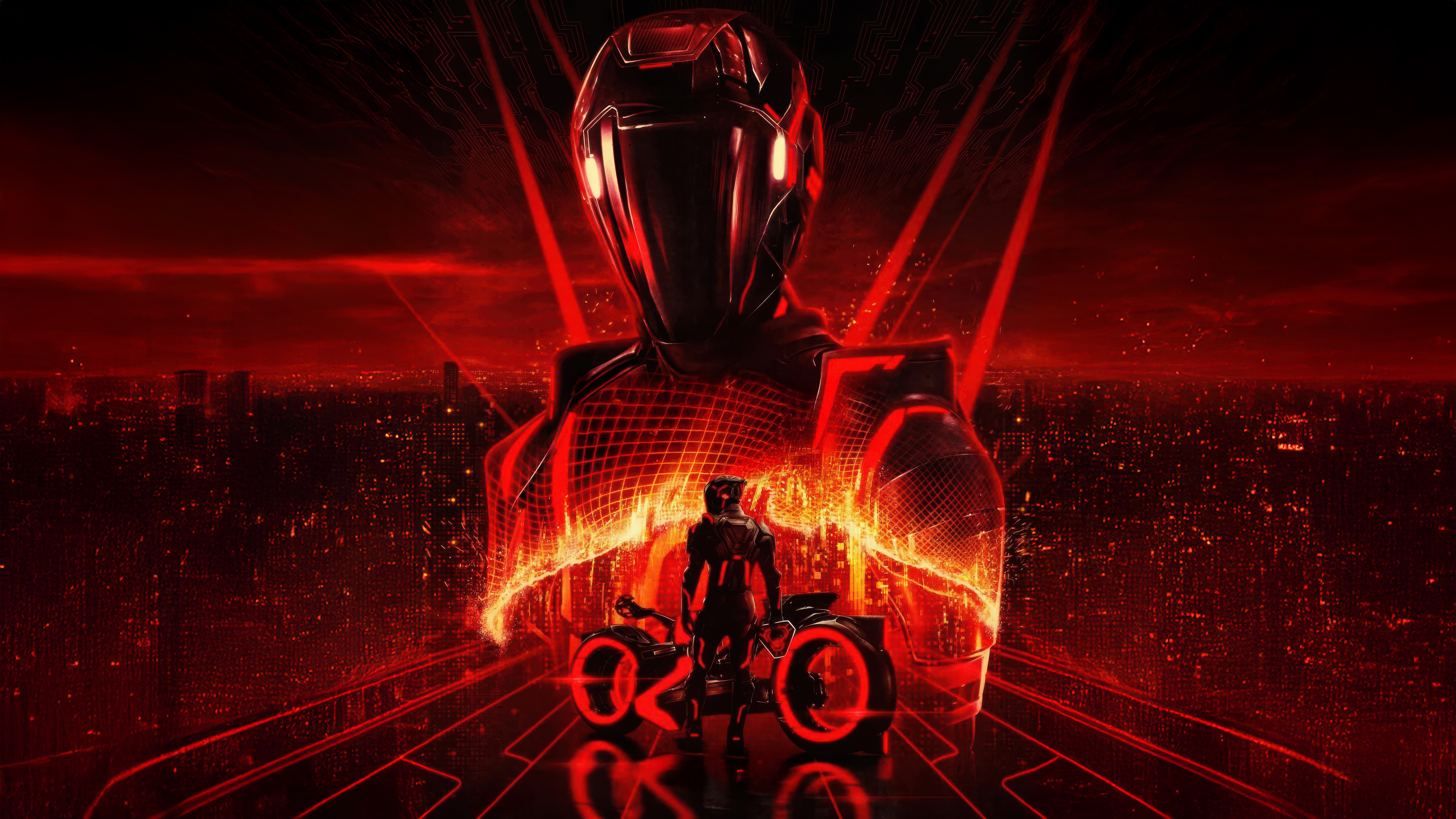 Tron Ares 2025 Cityscape with Giant Figure HD Wallpaper
