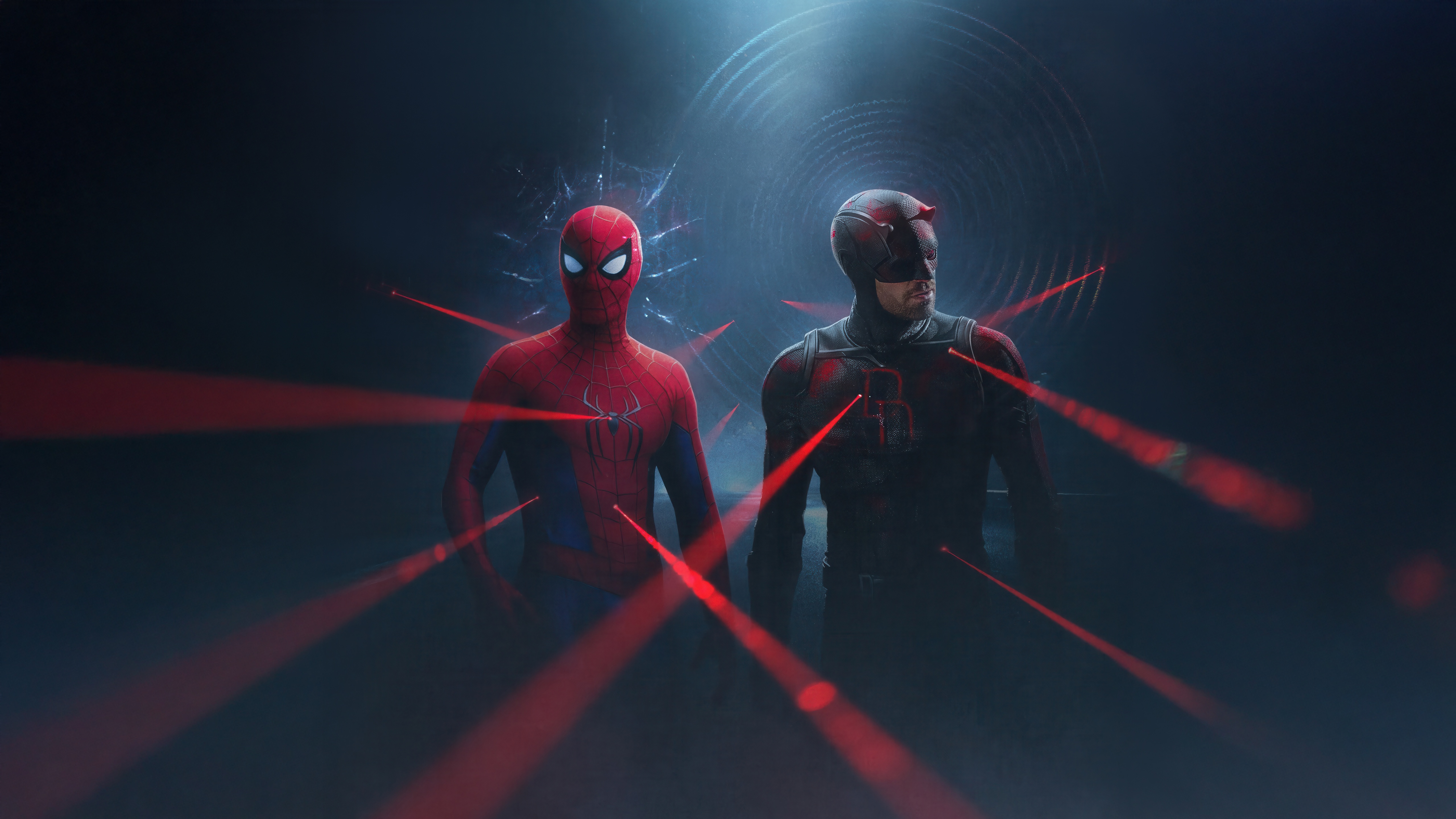 Spider-Man and Daredevil Surrounded by Red Laser Beams HD Wallpaper