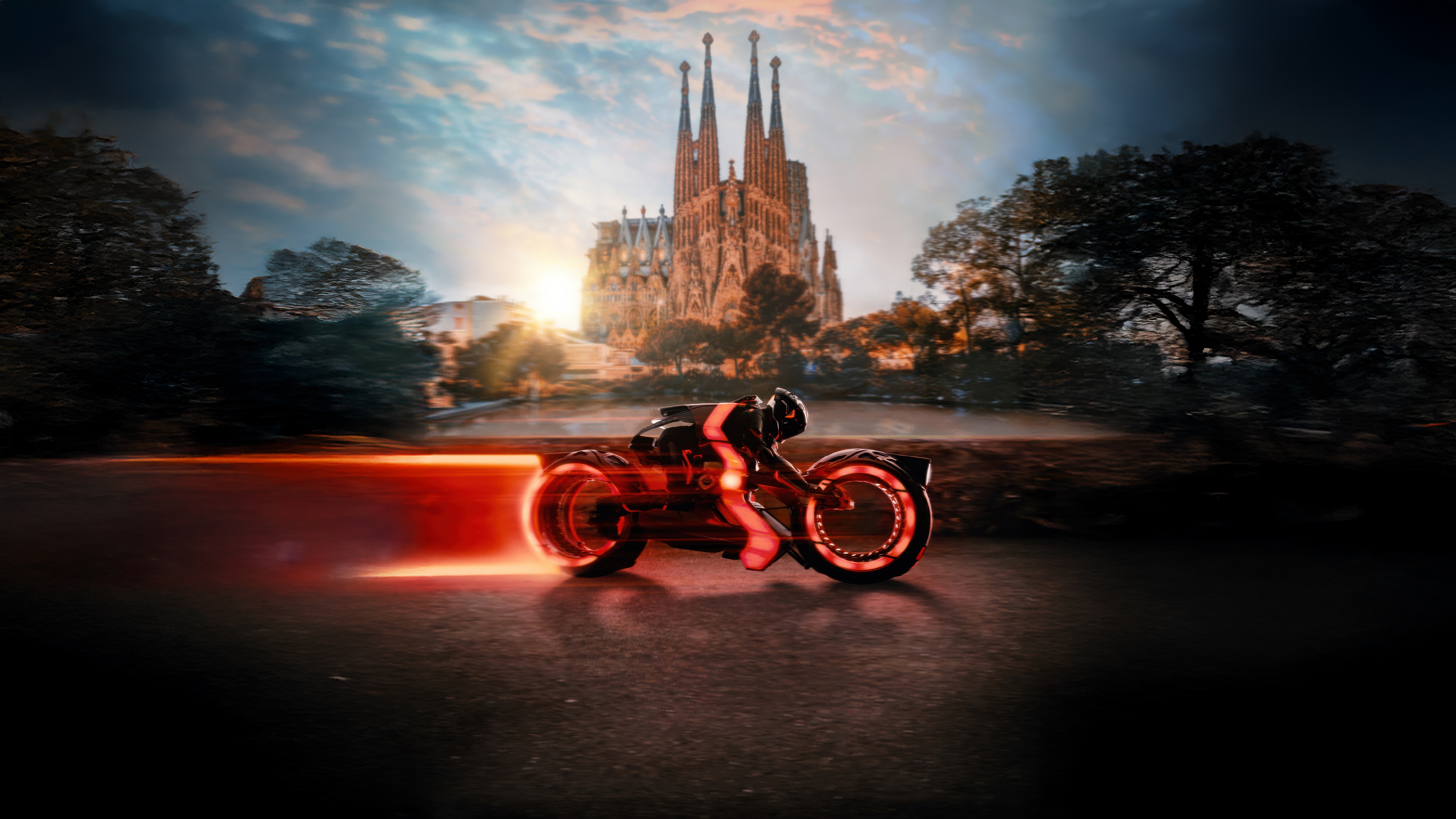 Tron Ares Motorcycle in front of Sagrada Familia HD Wallpaper