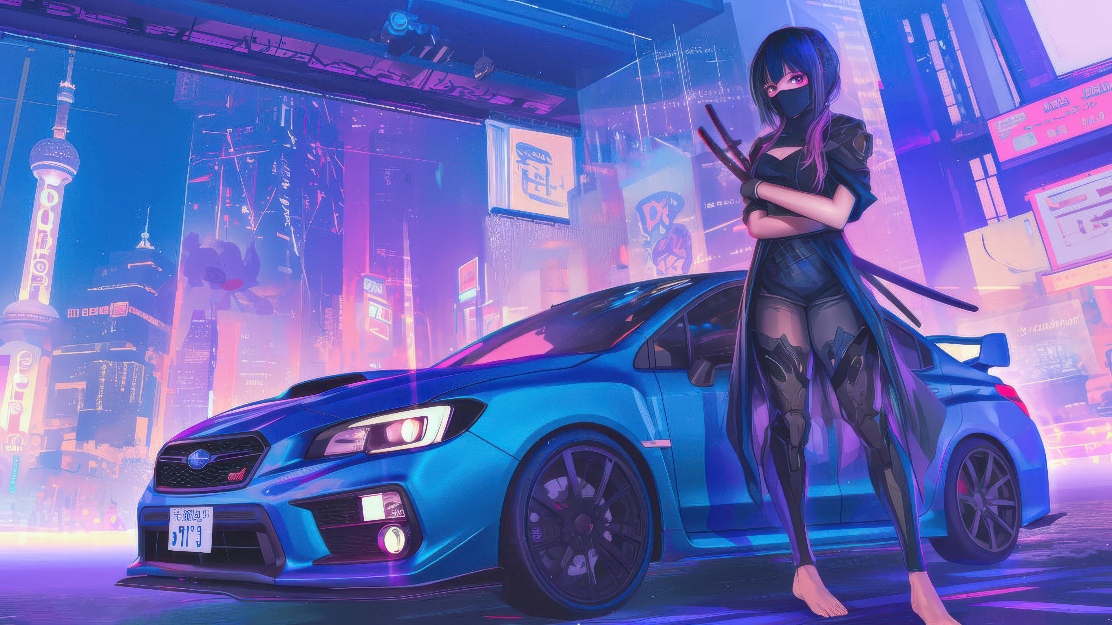 Cyberpunk girl with swords and a blue Subaru in neon Tokyo HD Wallpaper