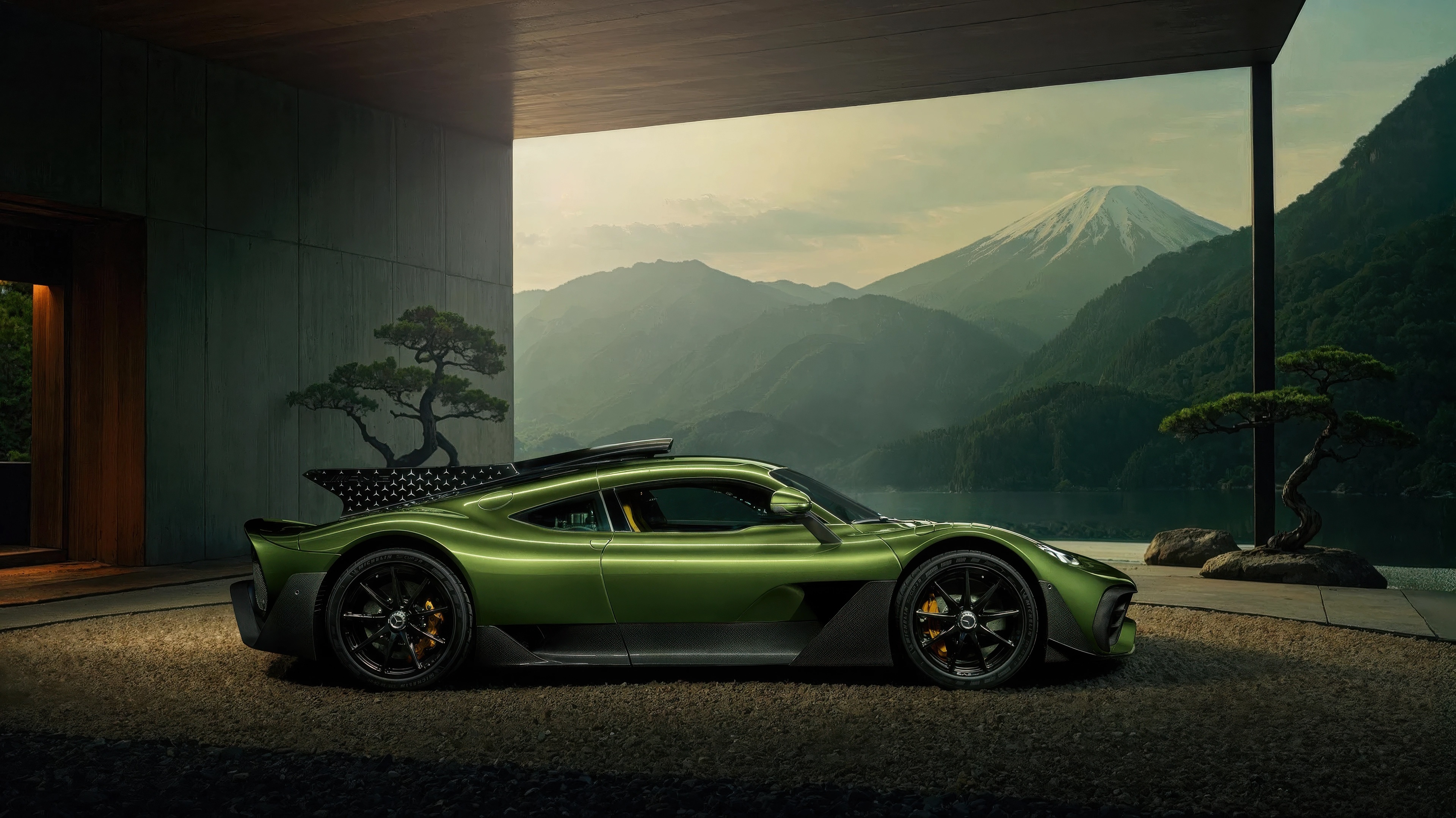Green Mercedes-AMG ONE in a Japanese garden setting HD Wallpaper