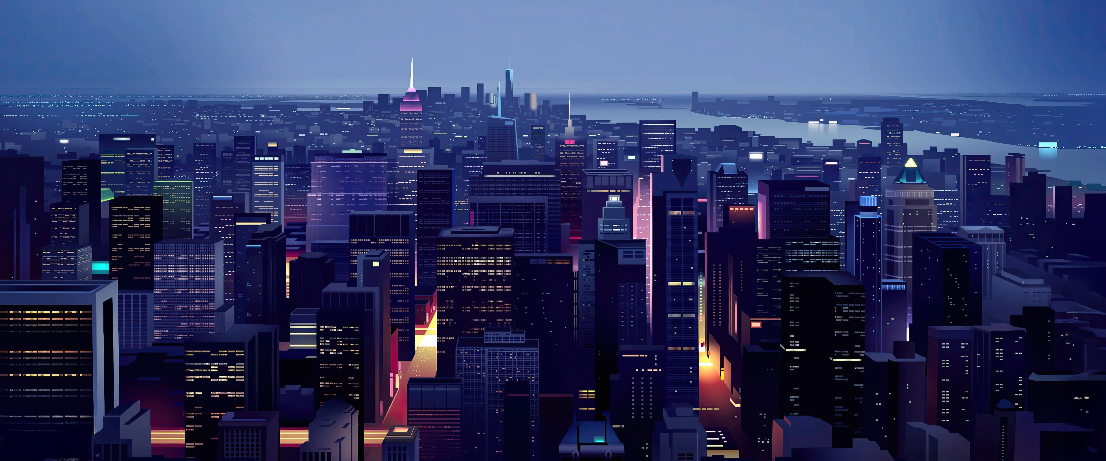 Nighttime cityscape with illuminated skyscrapers HD Wallpaper