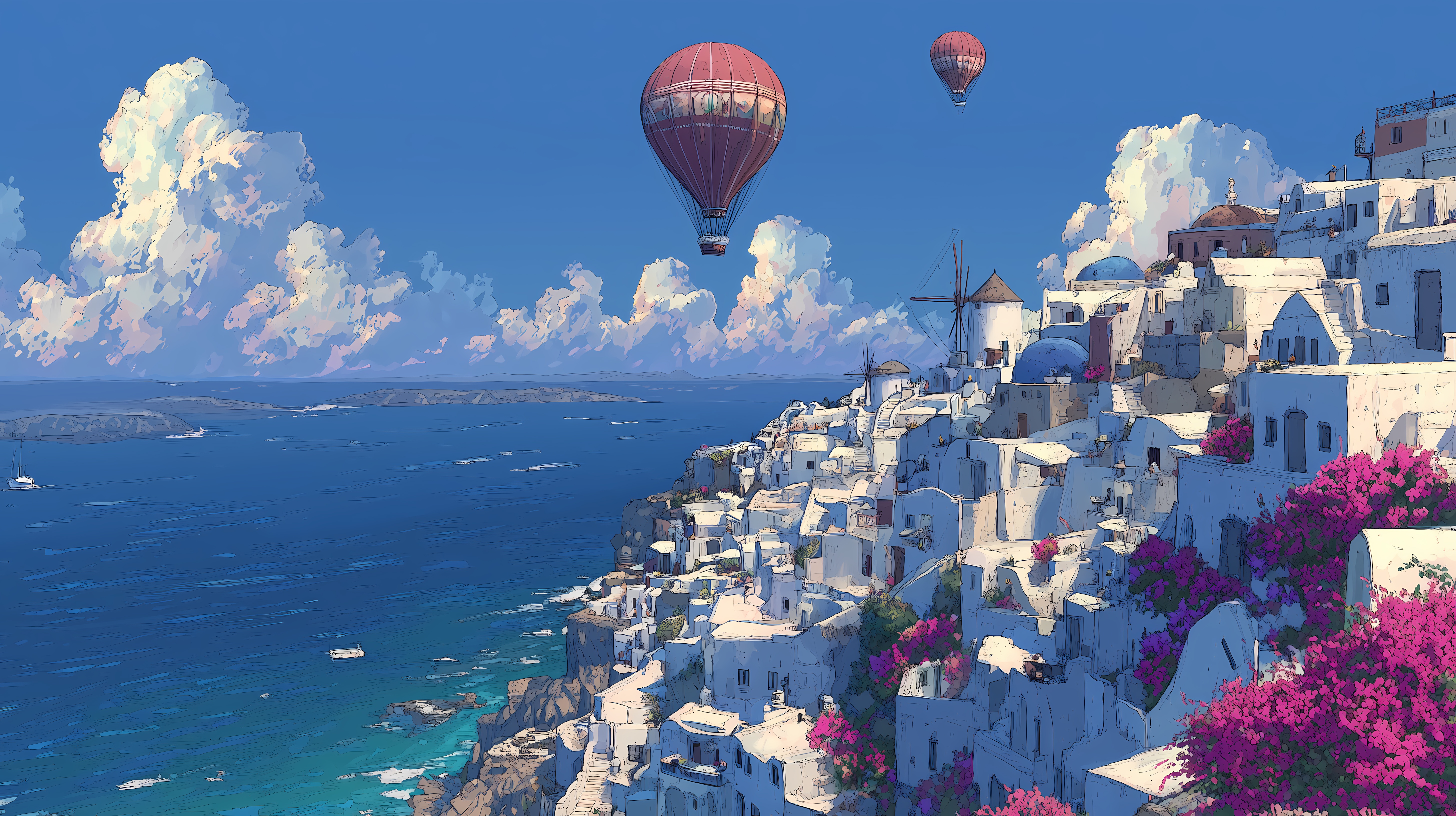 Santorini Cityscape with Hot Air Balloons HD Wallpaper