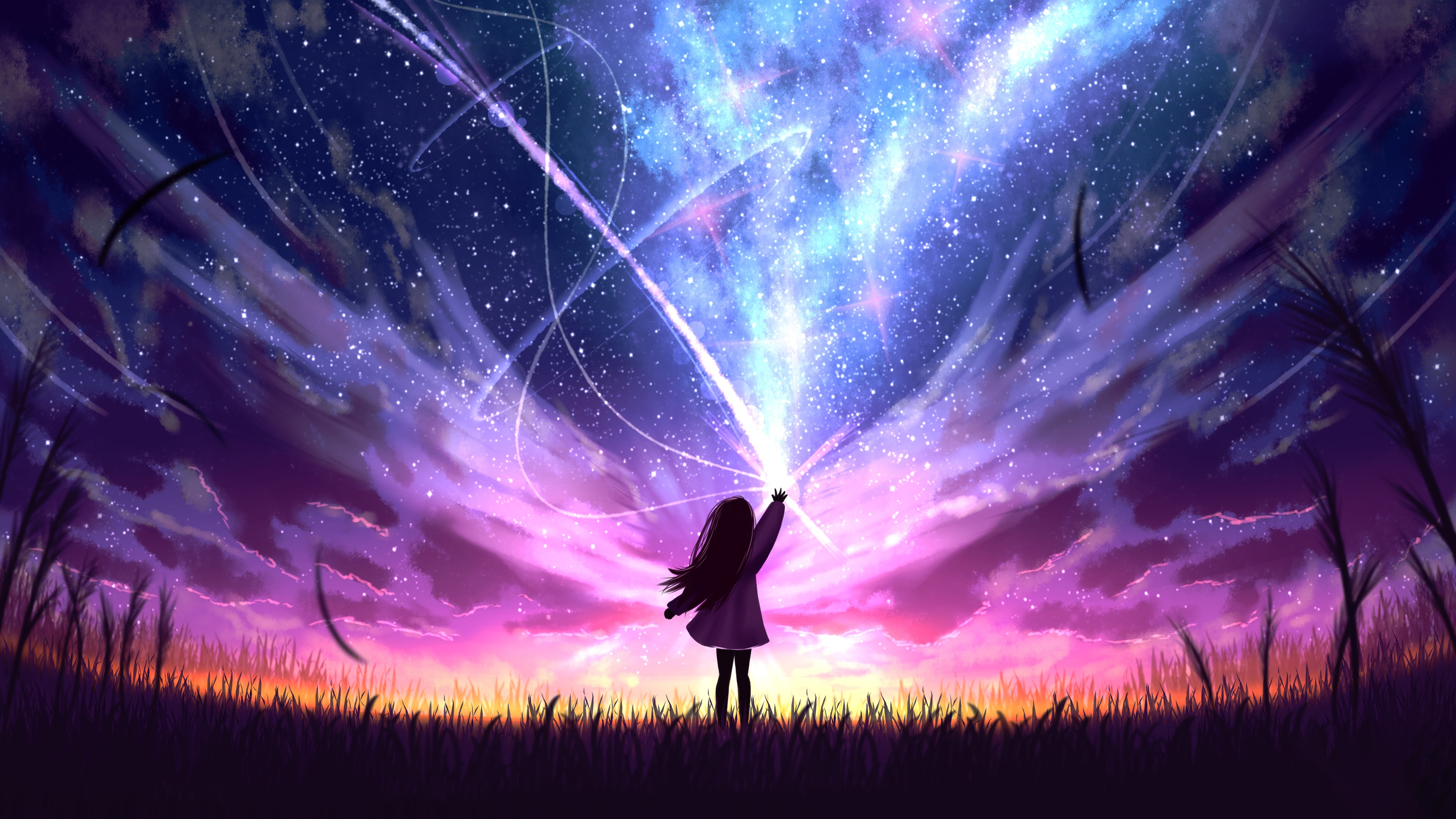Anime girl reaching for cosmic light burst in field HD Wallpaper