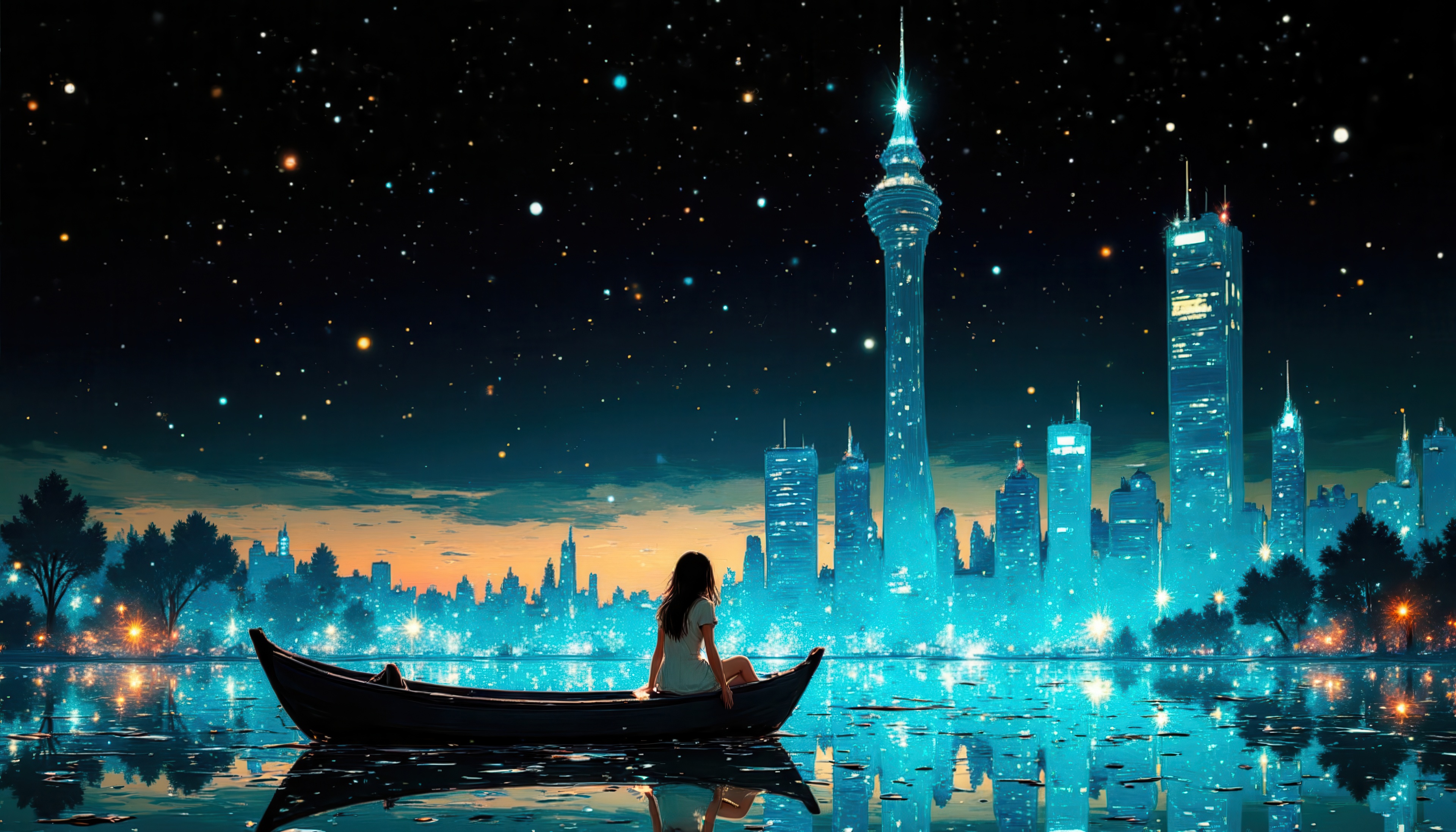 Anime Girl in Boat Overlooking Neon City at Night HD Wallpaper